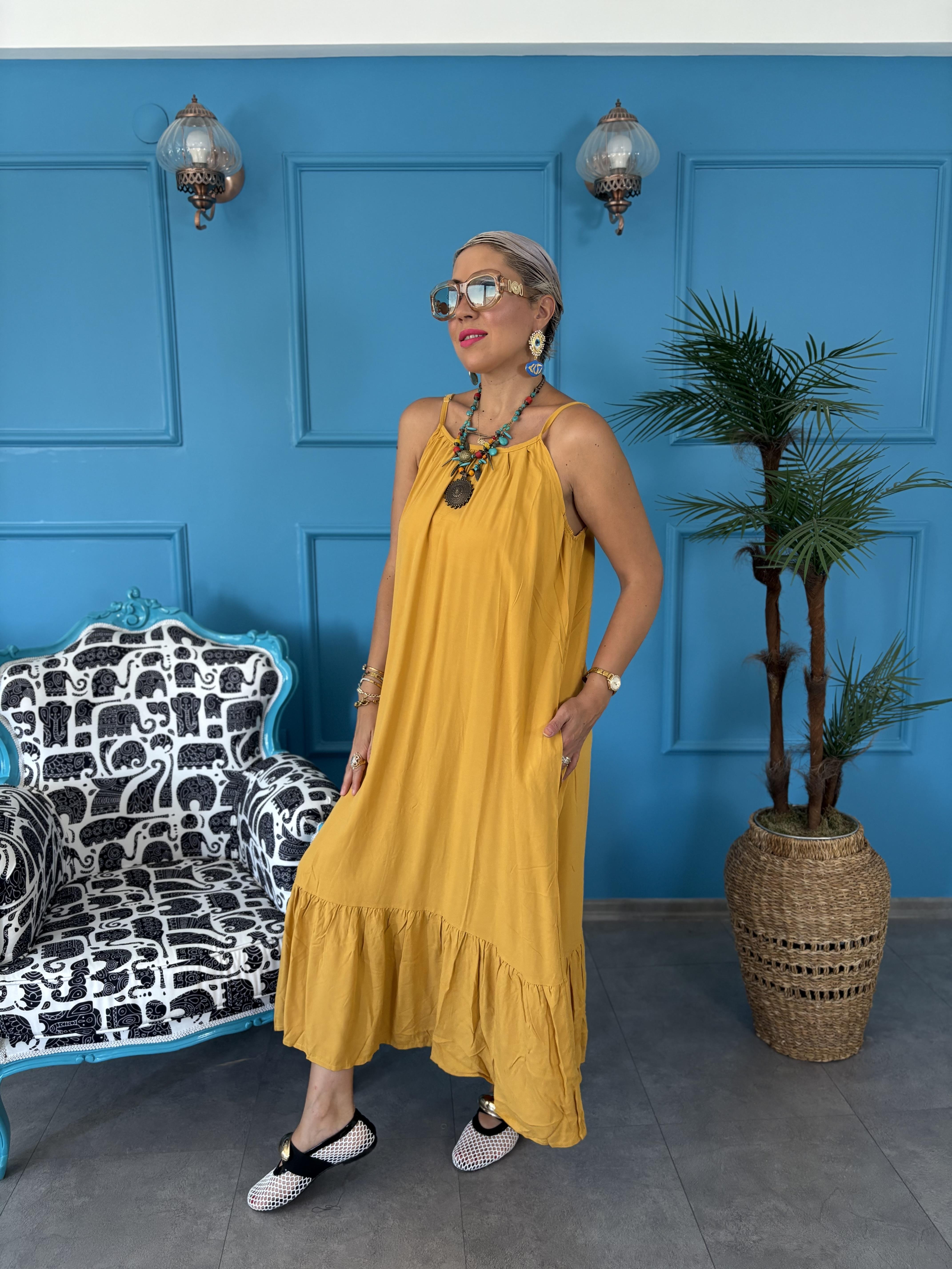 Askılı Hardal Uzun Elbise