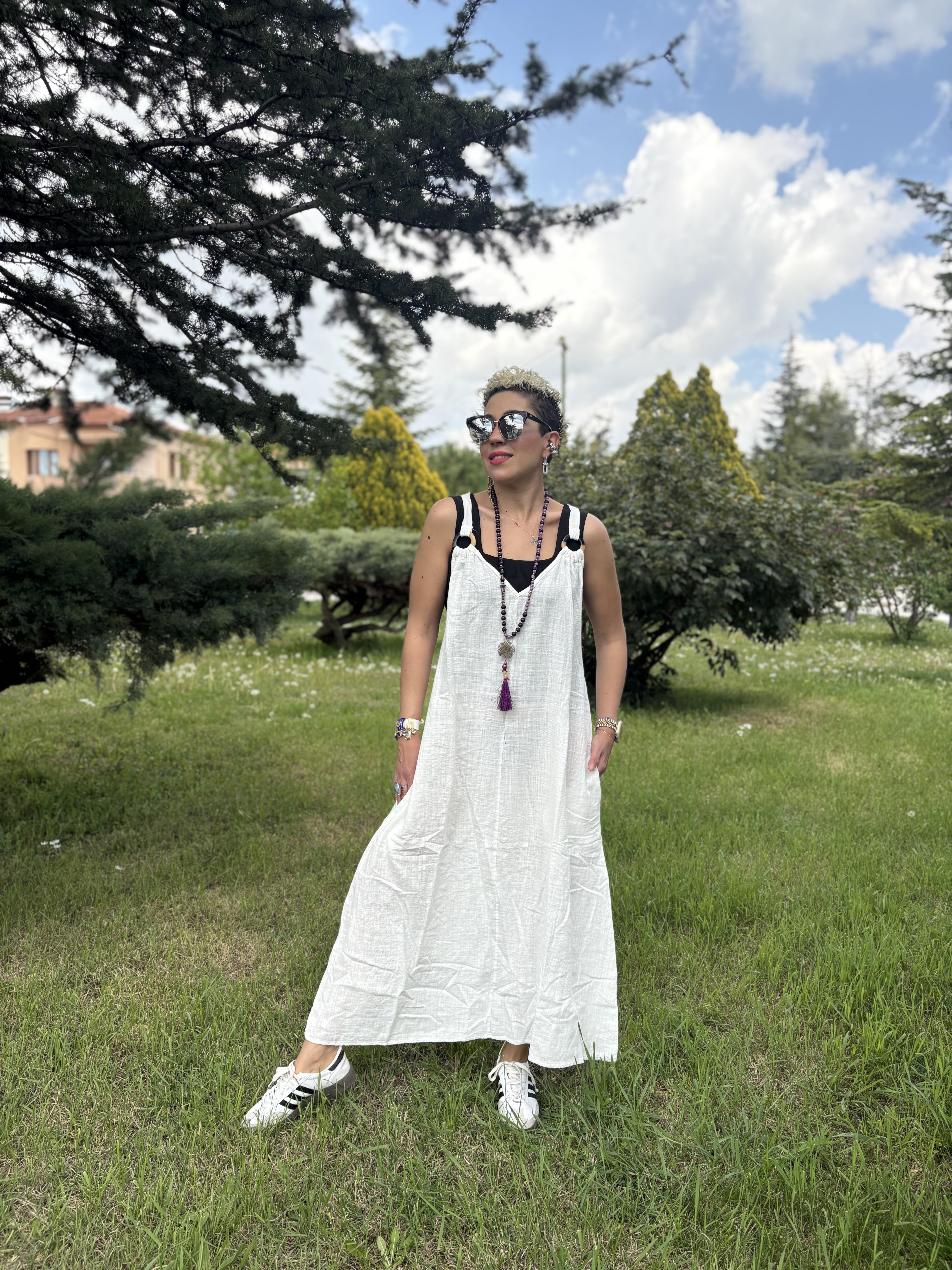 Askılı Pamuk Keten Beyaz Elbise