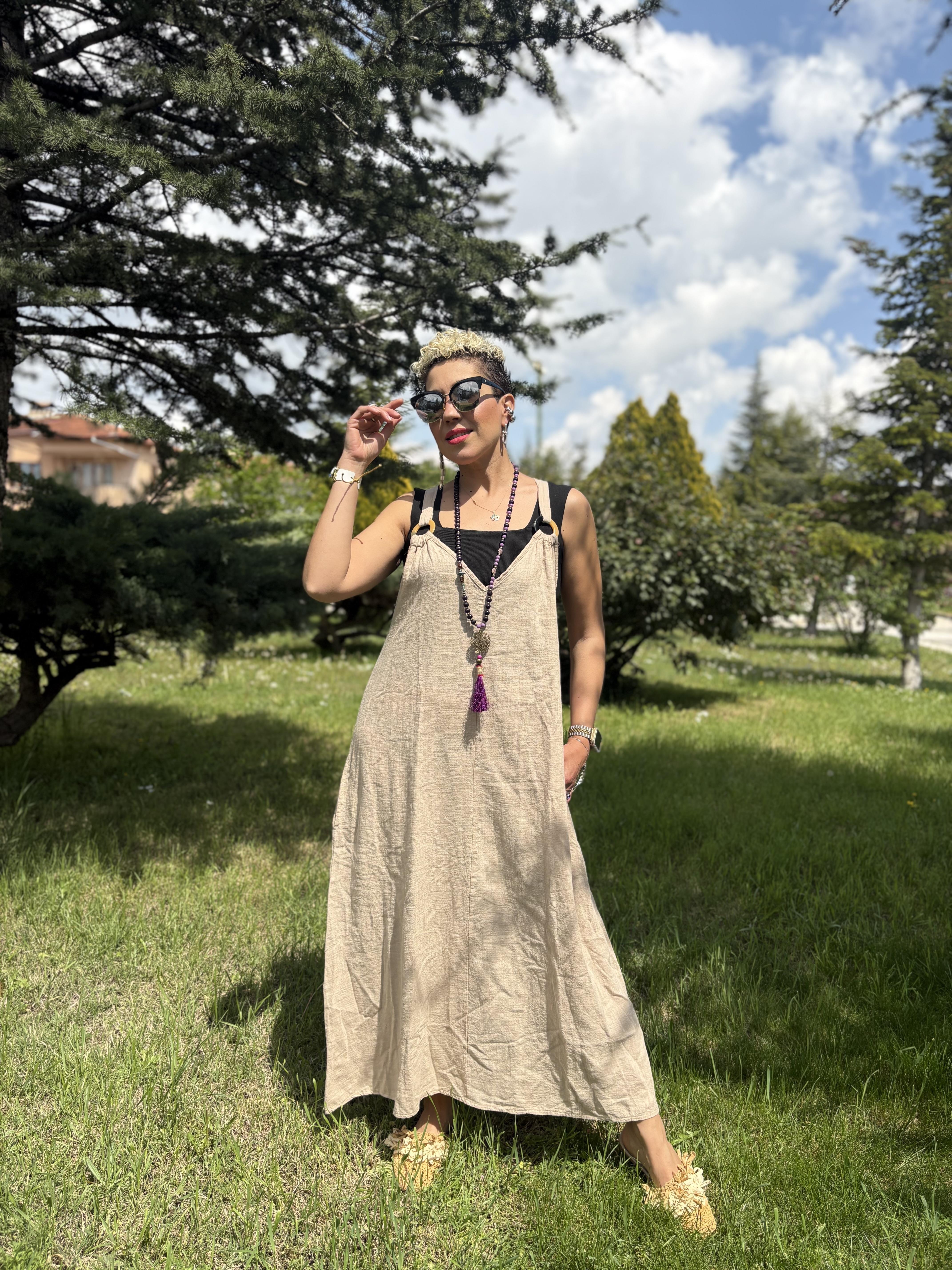 Askılı Pamuk Keten Krem Elbise