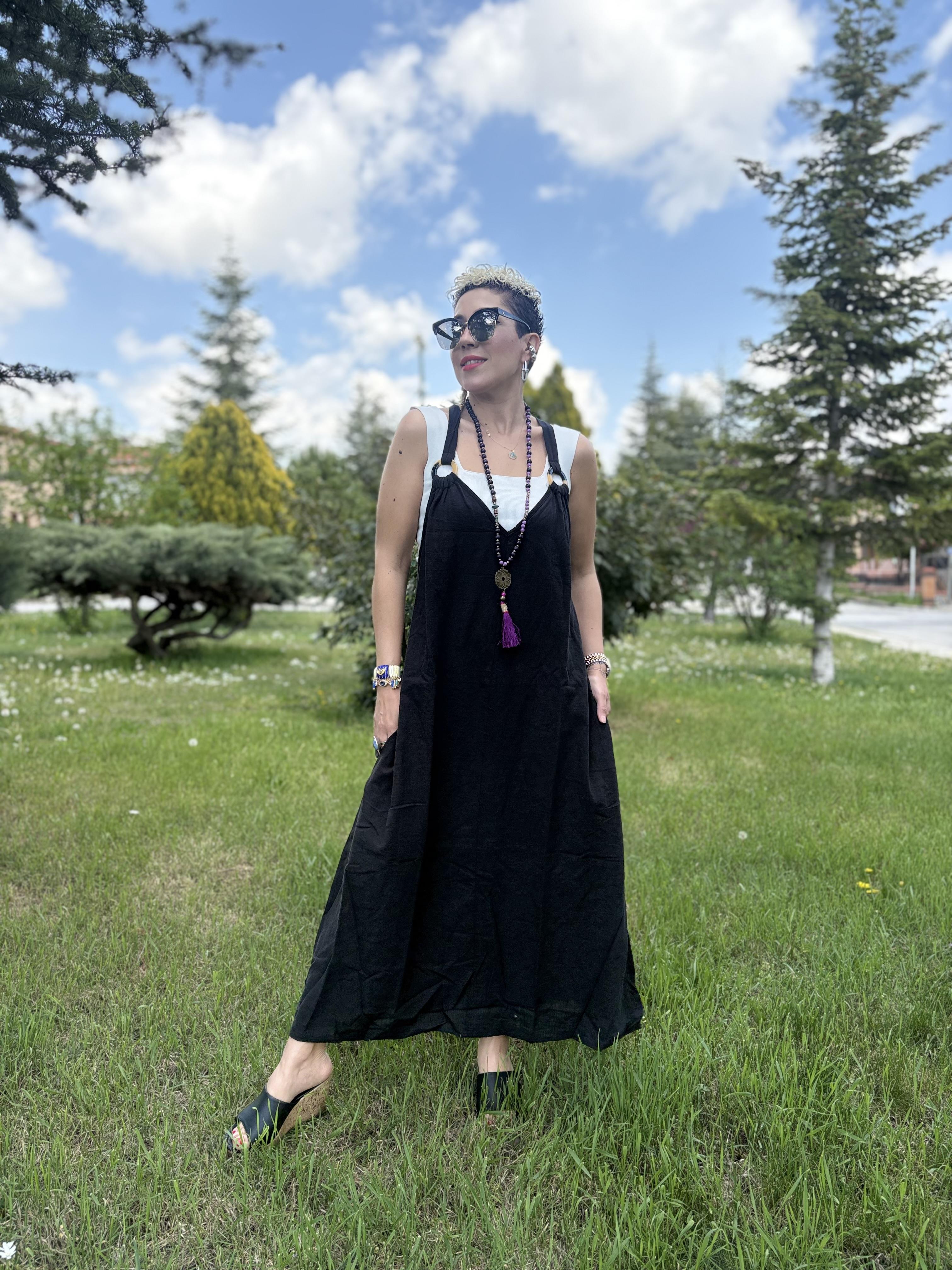 Askılı Pamuk Keten Siyah Elbise