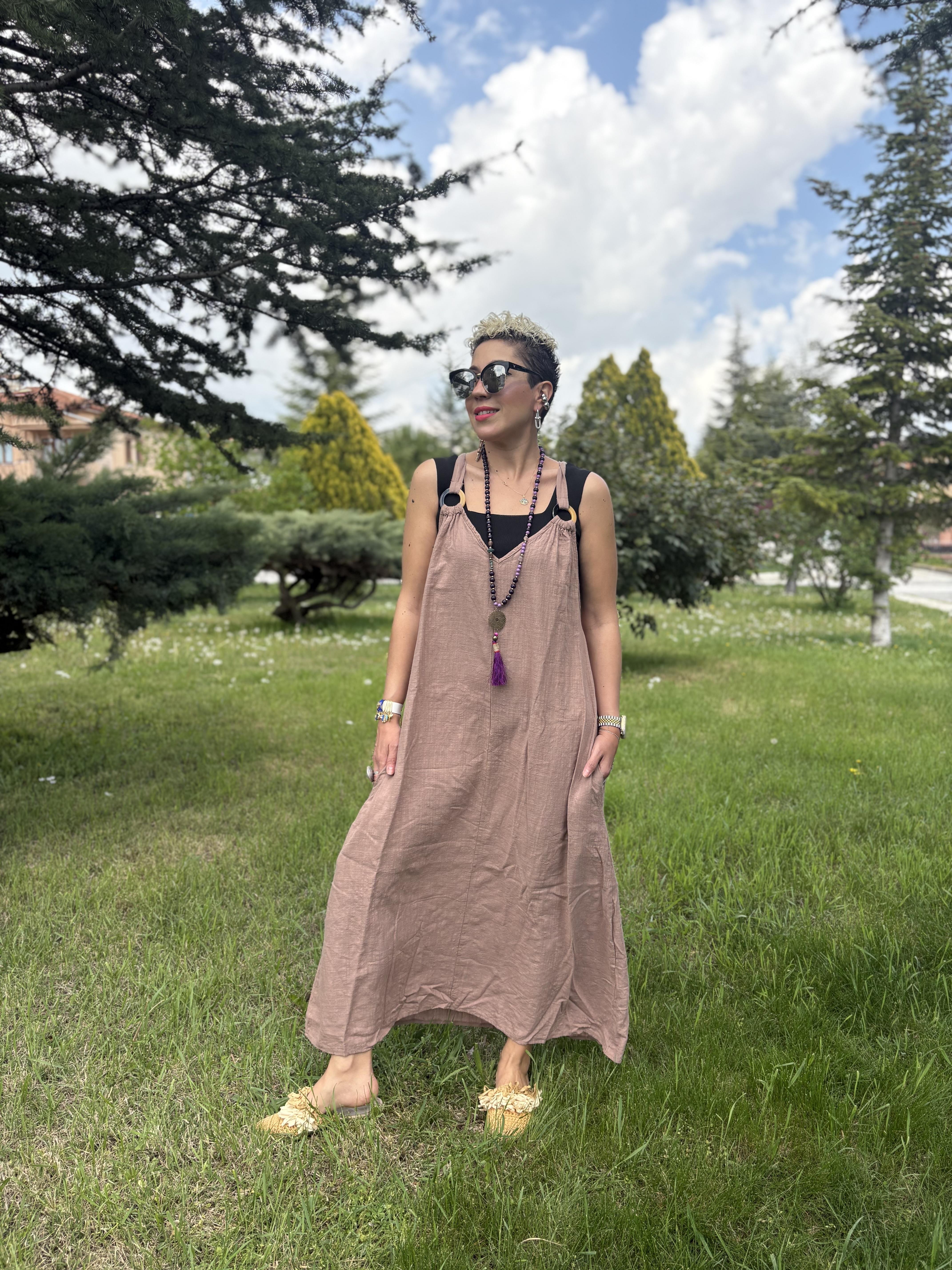 Askılı Pamuk Keten Vizon Elbise