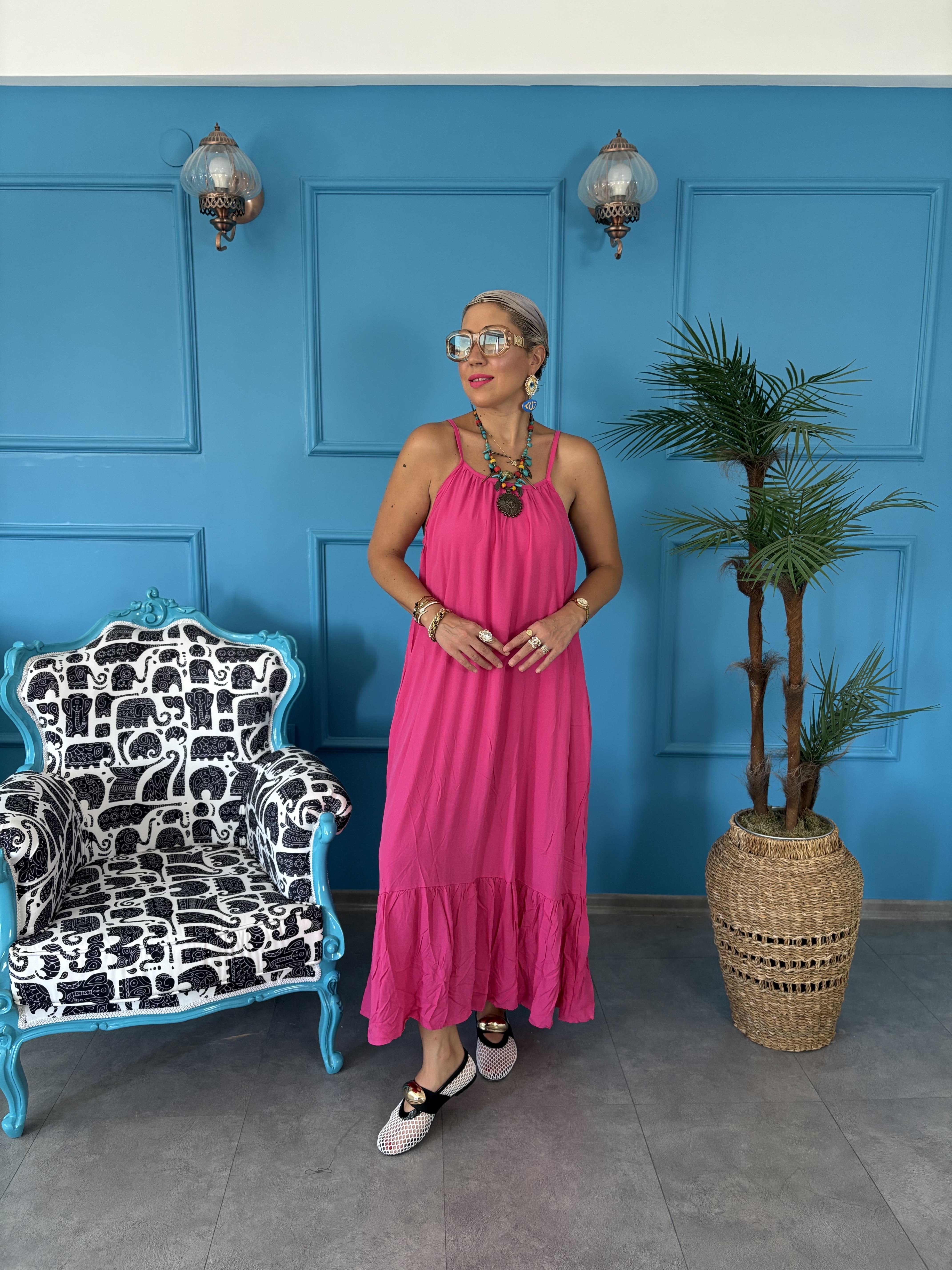 Askılı Pembe Uzun Elbise