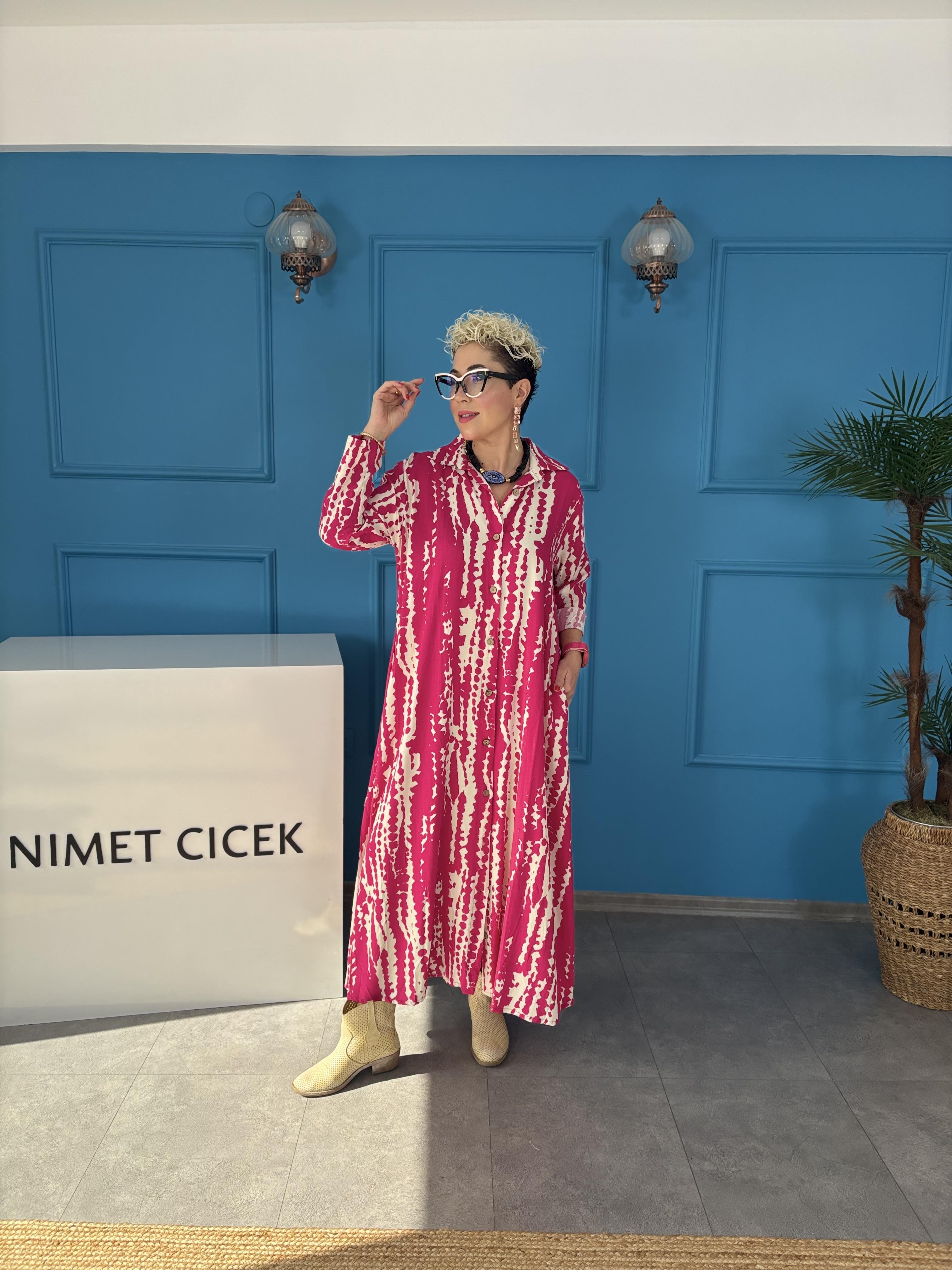 Batik Desen Fuşya Uzun Gömlek Elbise