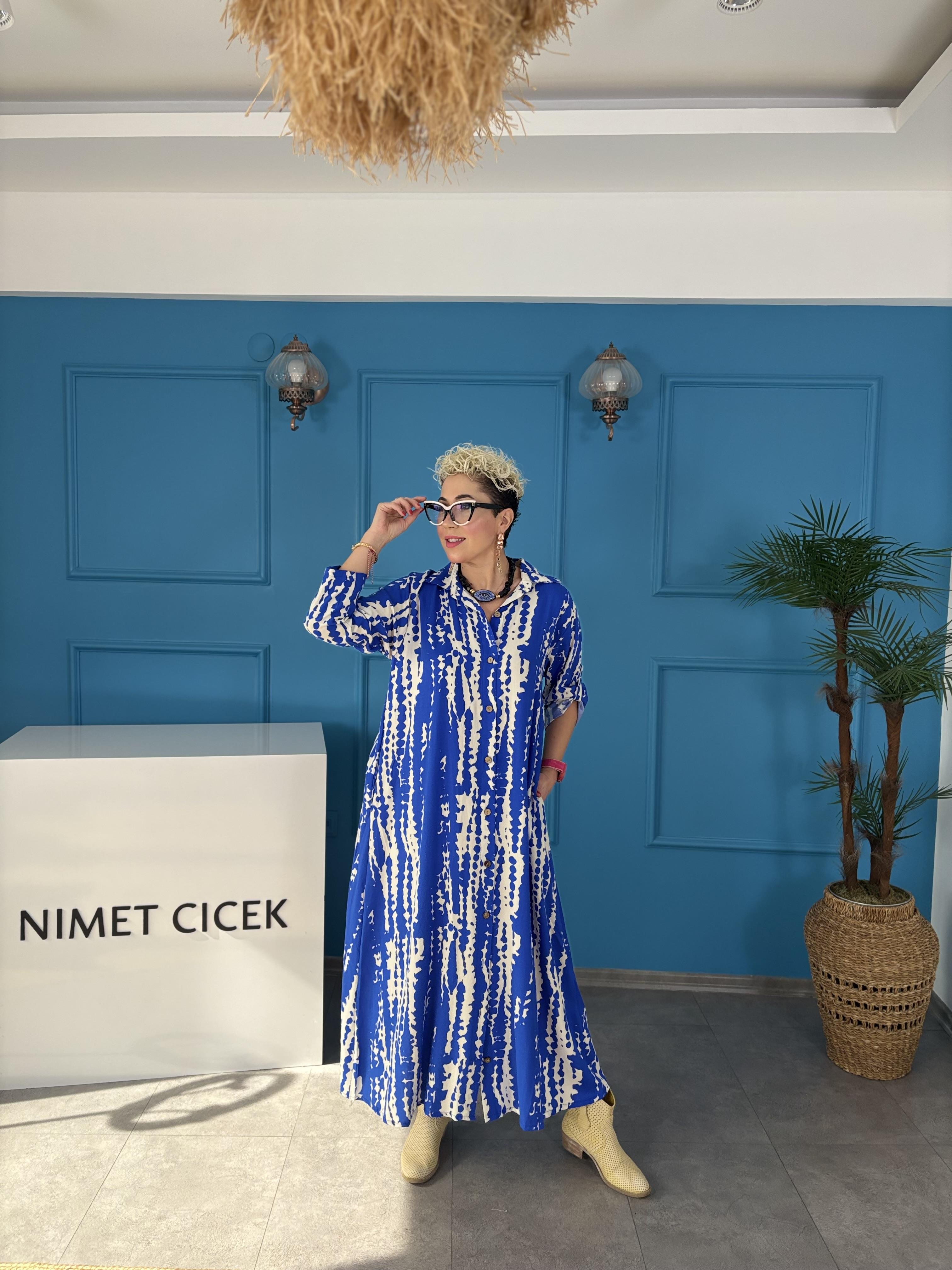 Batik Desen Mavi Uzun Gömlek Elbise