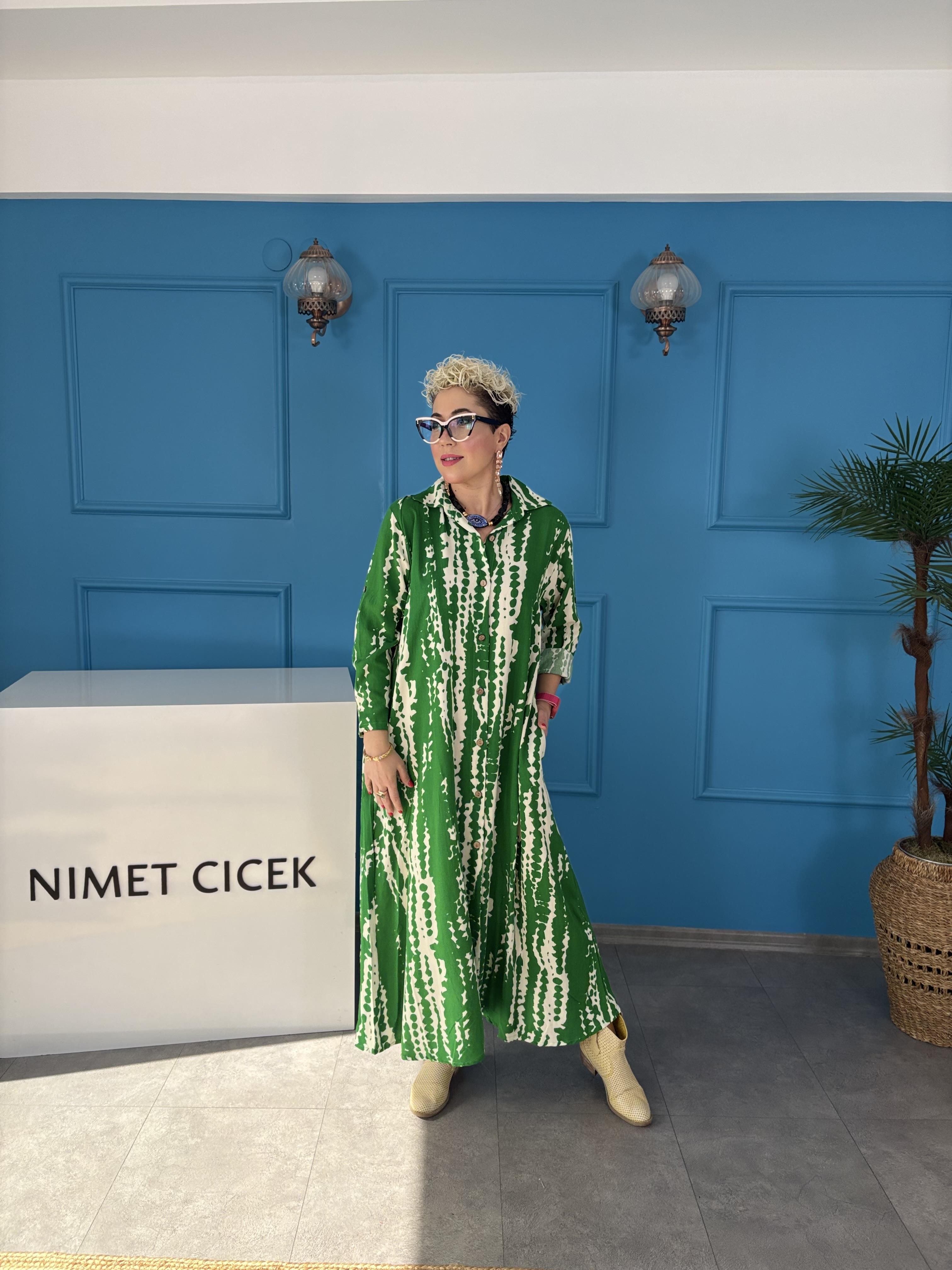 Batik Desen Yeşil Uzun Gömlek Elbise