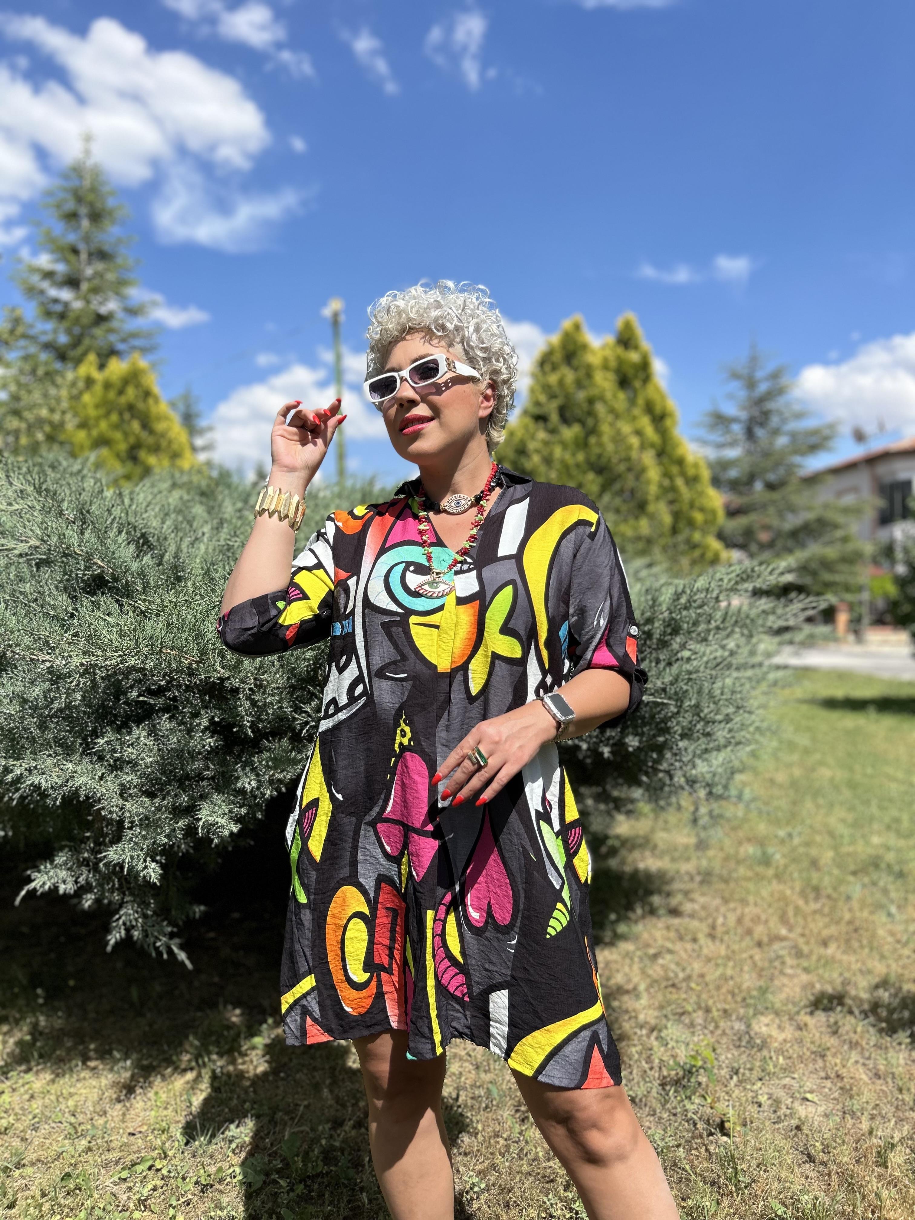 Bohem Desen Siyah İtalyan Pamuk Keten Elbise