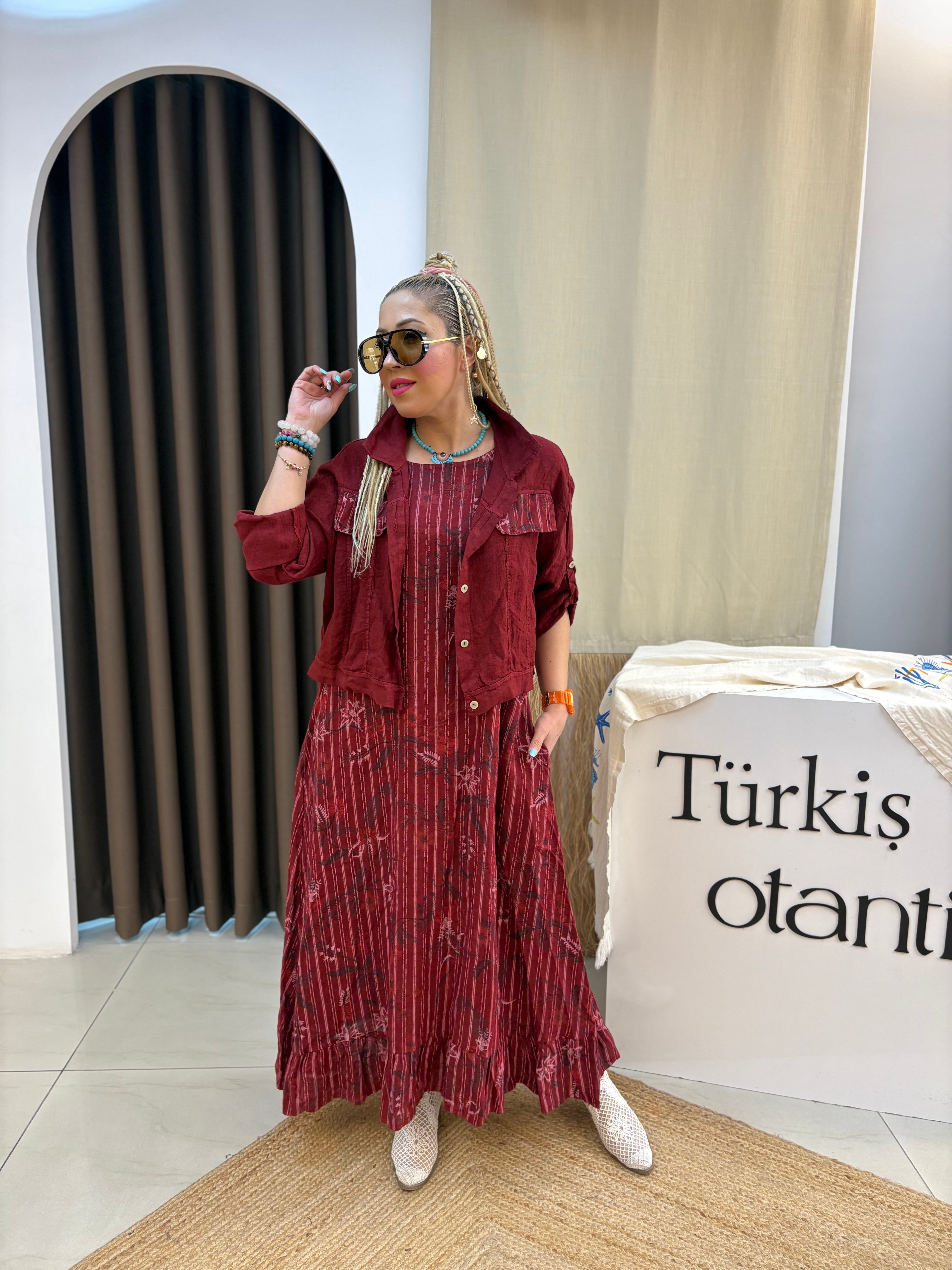 Bordo Ham Keten İtalyan Ceketli Elbise