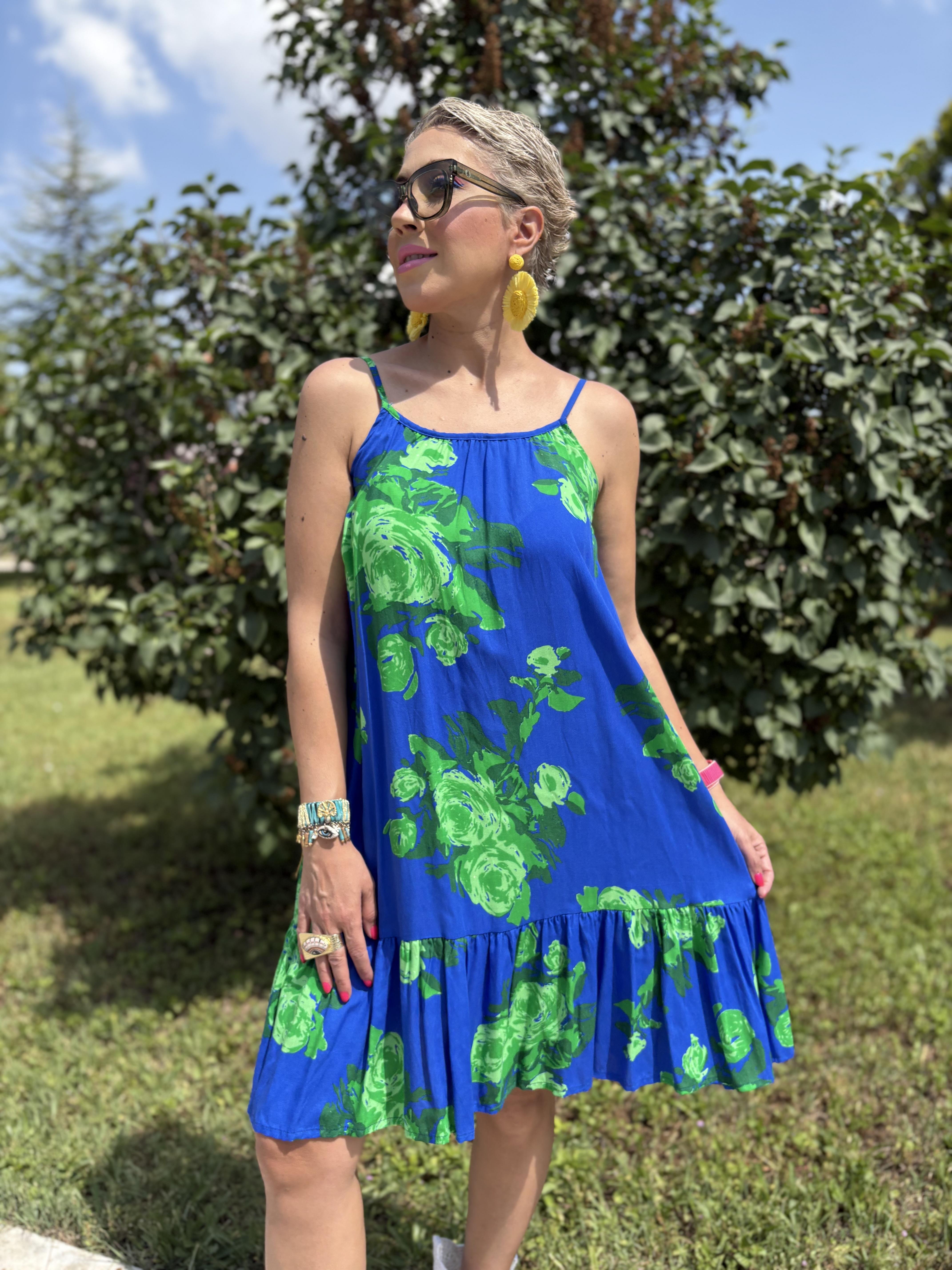 Çiçek Desenli Askılı Mavi Elbise