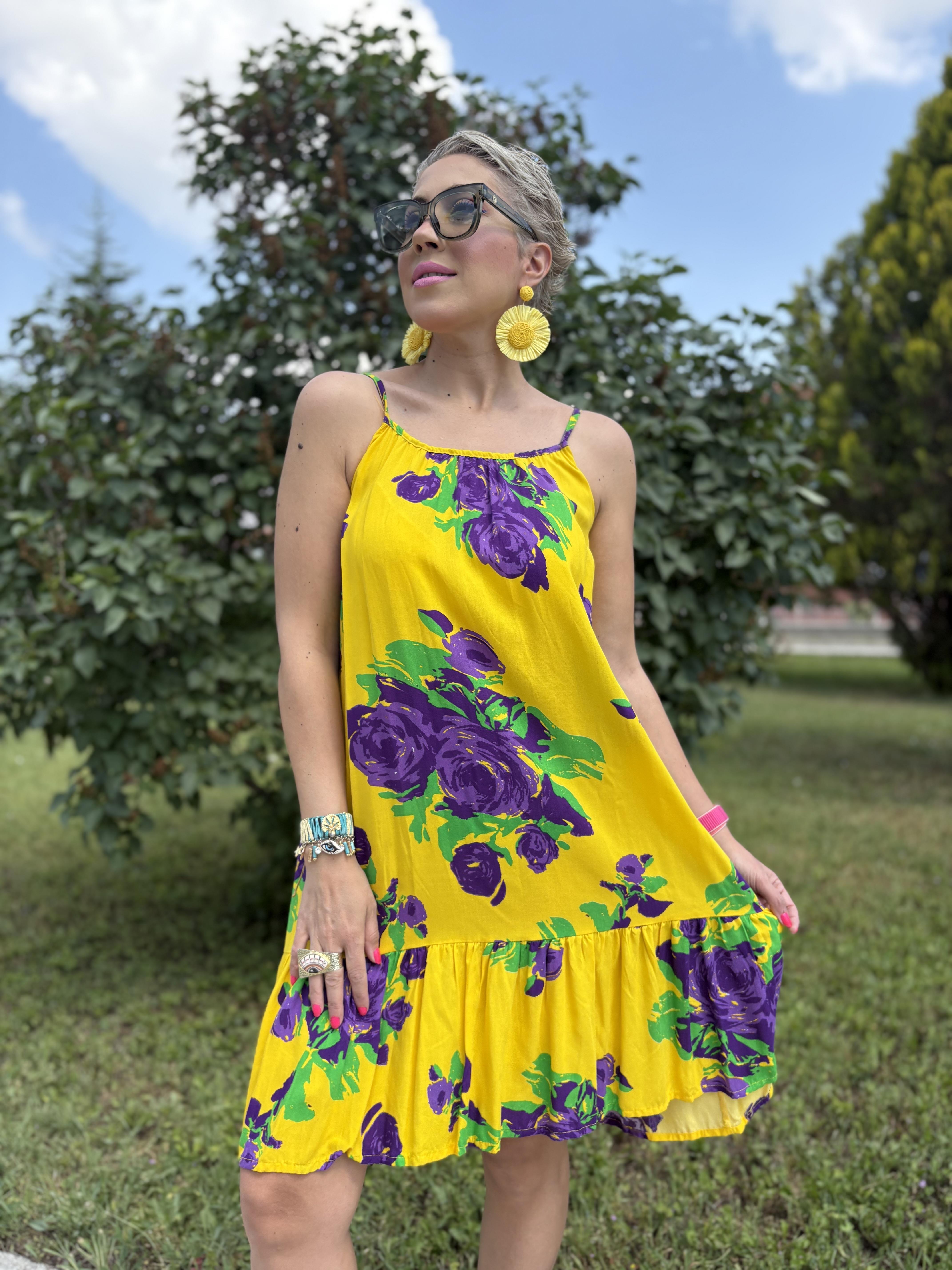 Çiçek Desenli Askılı Sarı Elbise