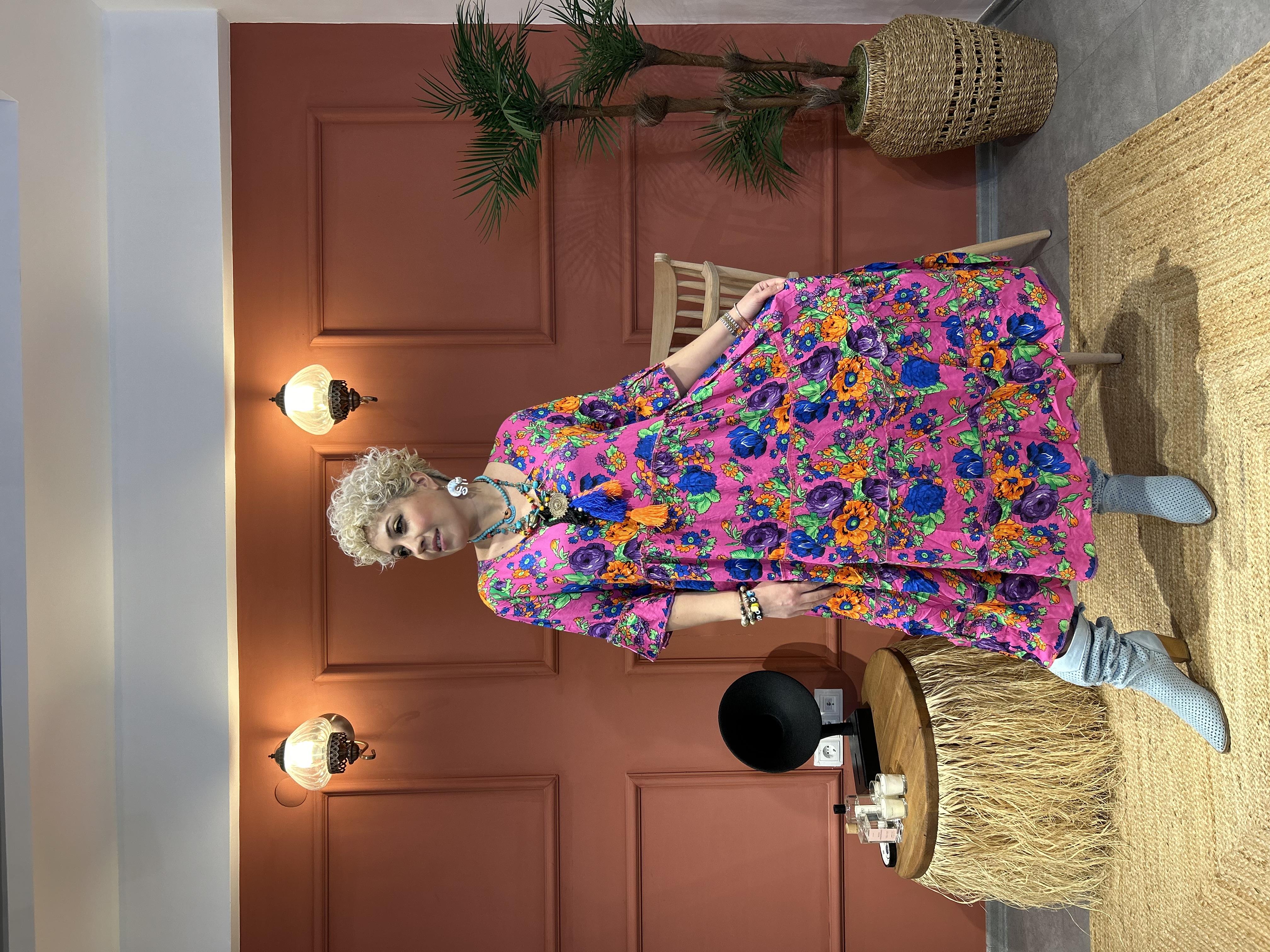 Çiçek Desenli Mor Uzun Elbise