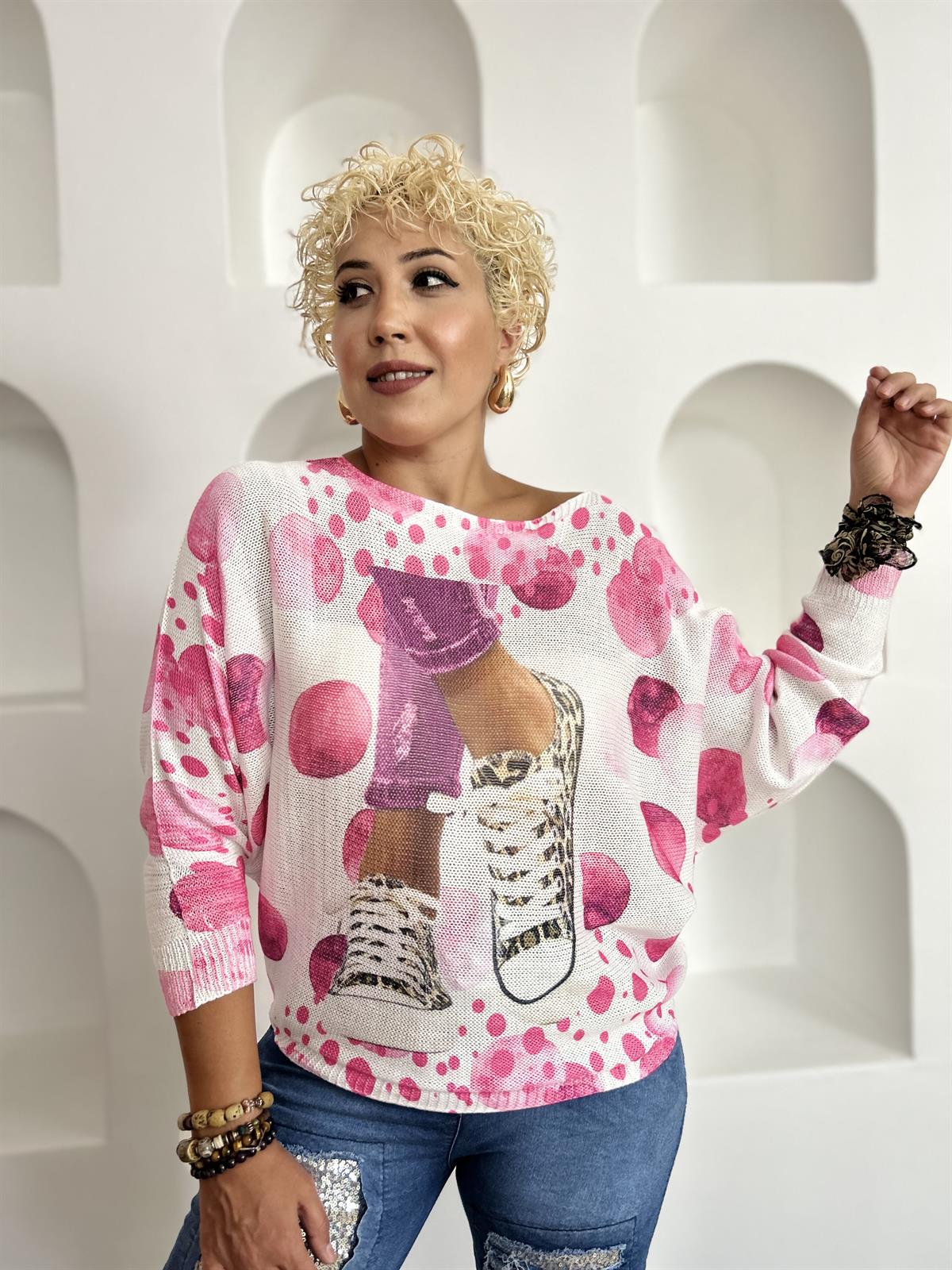 Convers Desenli Merserize Pembe İtalyan Triko