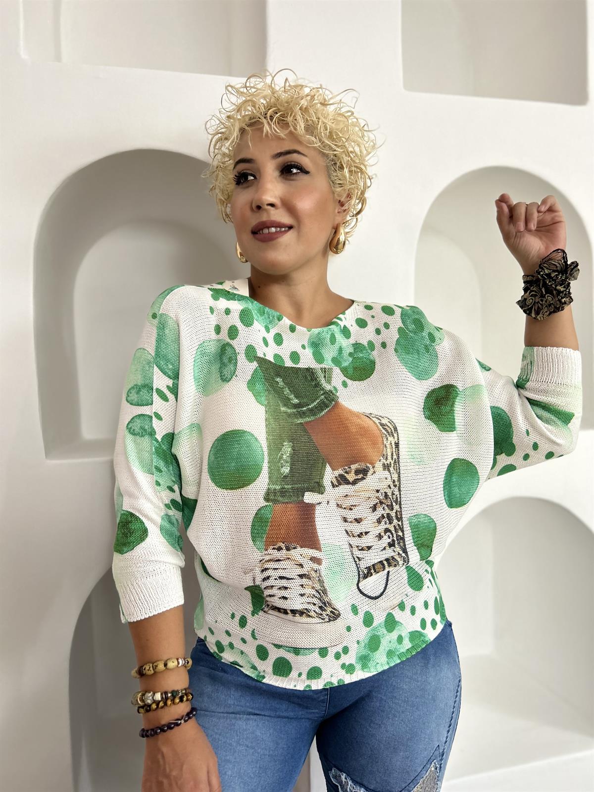 Convers Desenli Merserize Yeşil İtalyan Triko