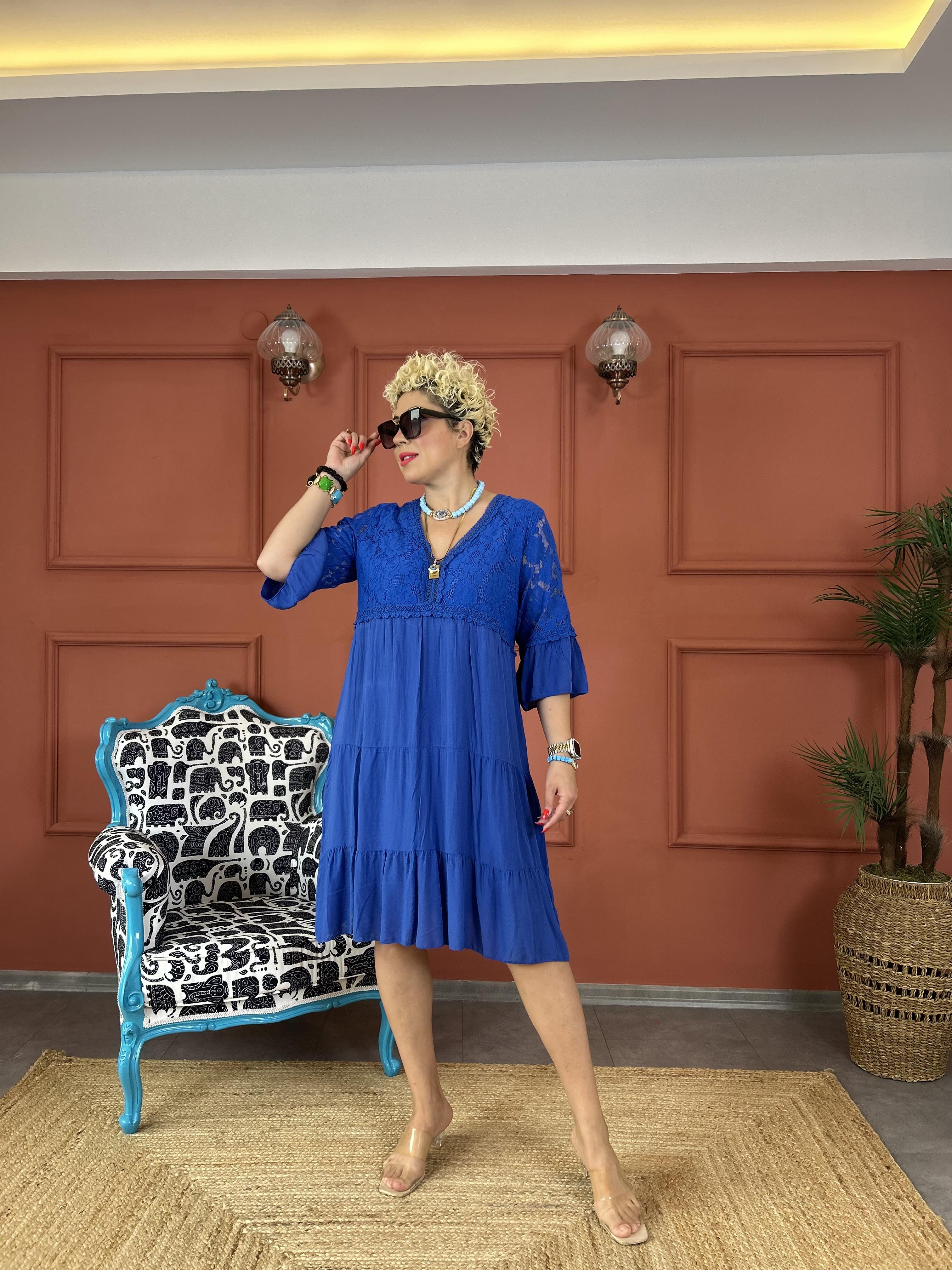 Dantelli İtalyan Sax Mavi Elbise