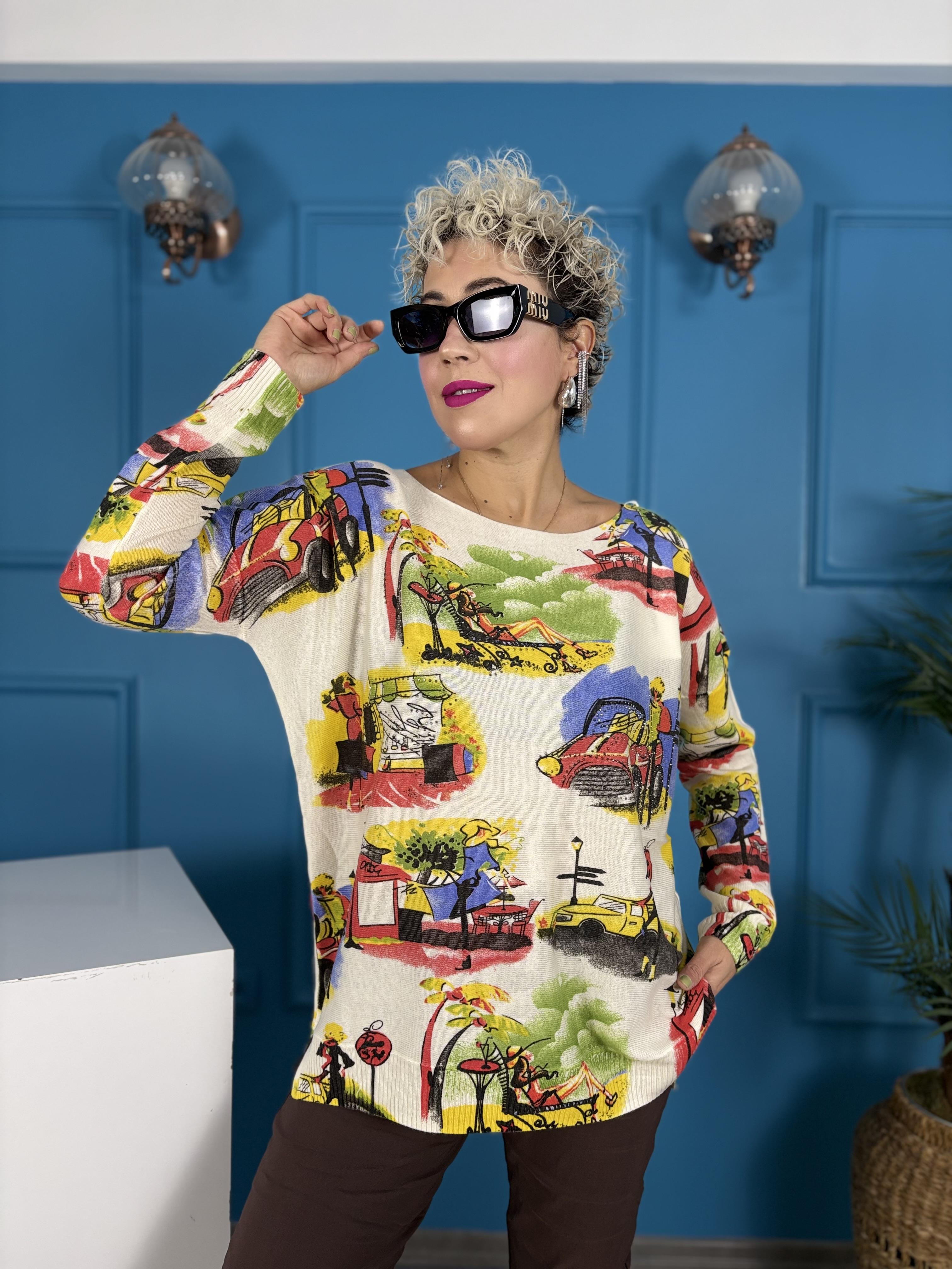 Dijital Baskılı Taş İşlemeli İthal Bluz 3