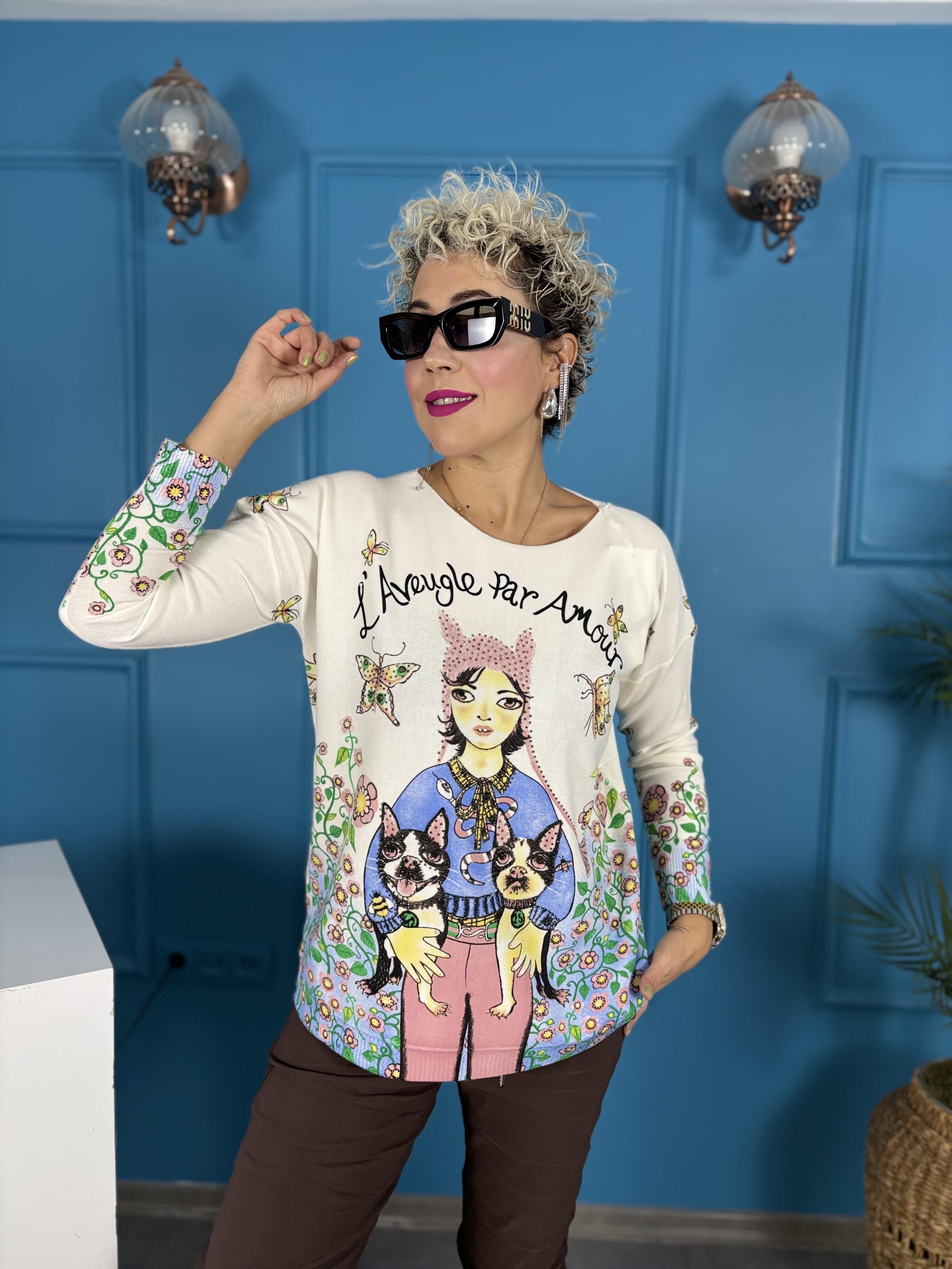 Dijital Baskılı Taş İşlemeli İthal Bluz 2