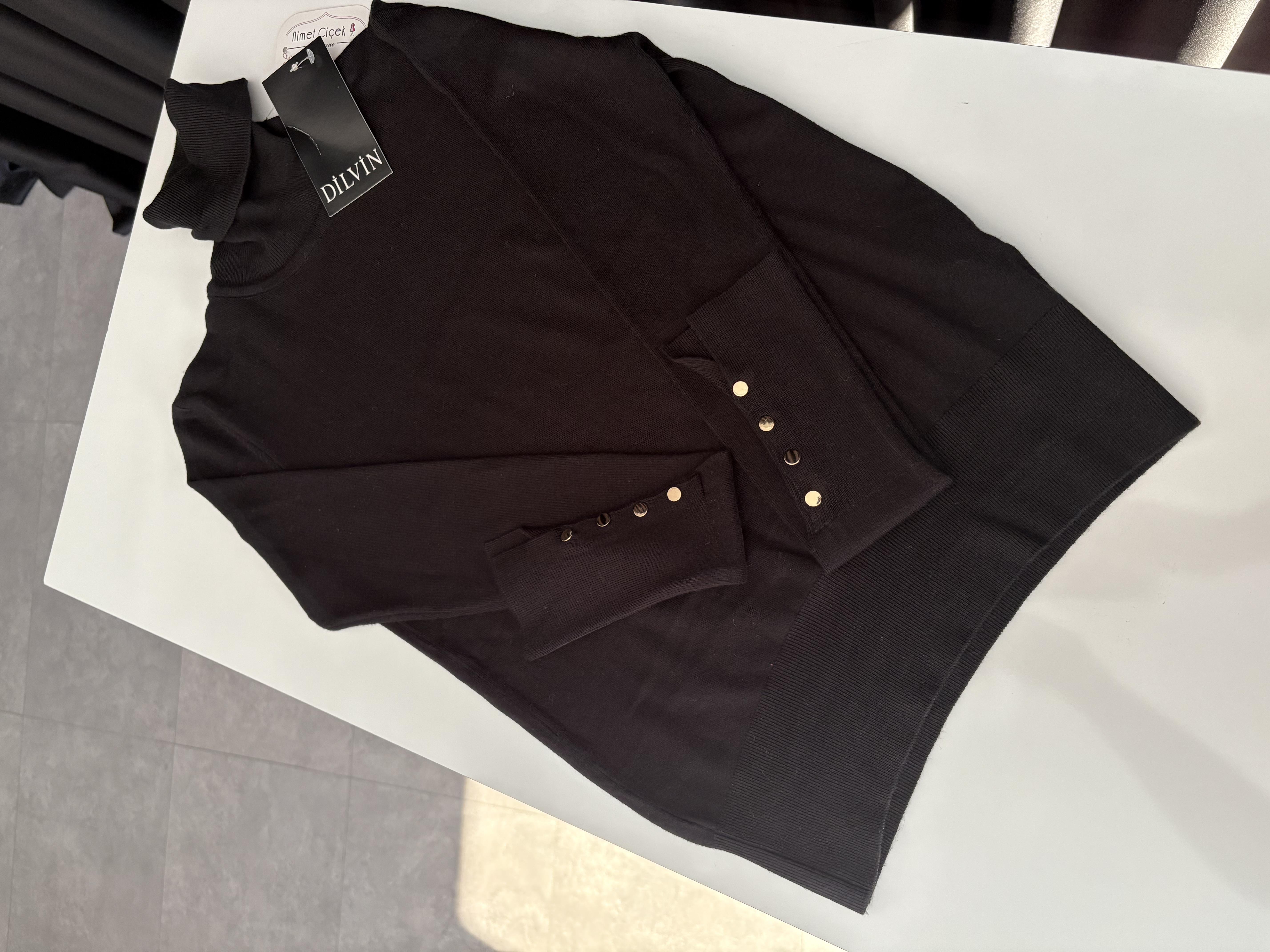 DLV Balıkçı Yaka Kolu Droplu Siyah Kazak