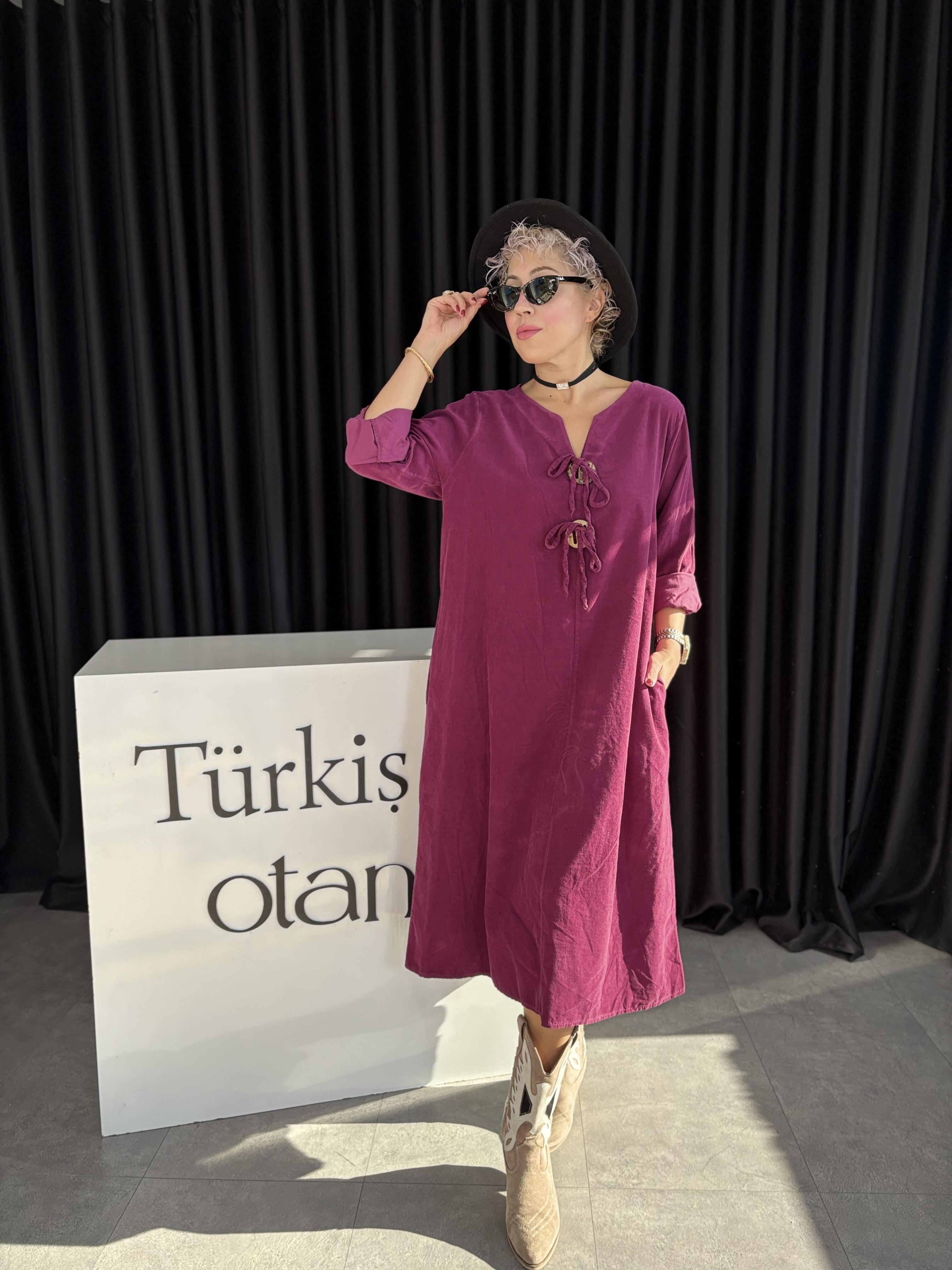 Düğme Detaylı İtalyan Fuşya Kadife Elbise