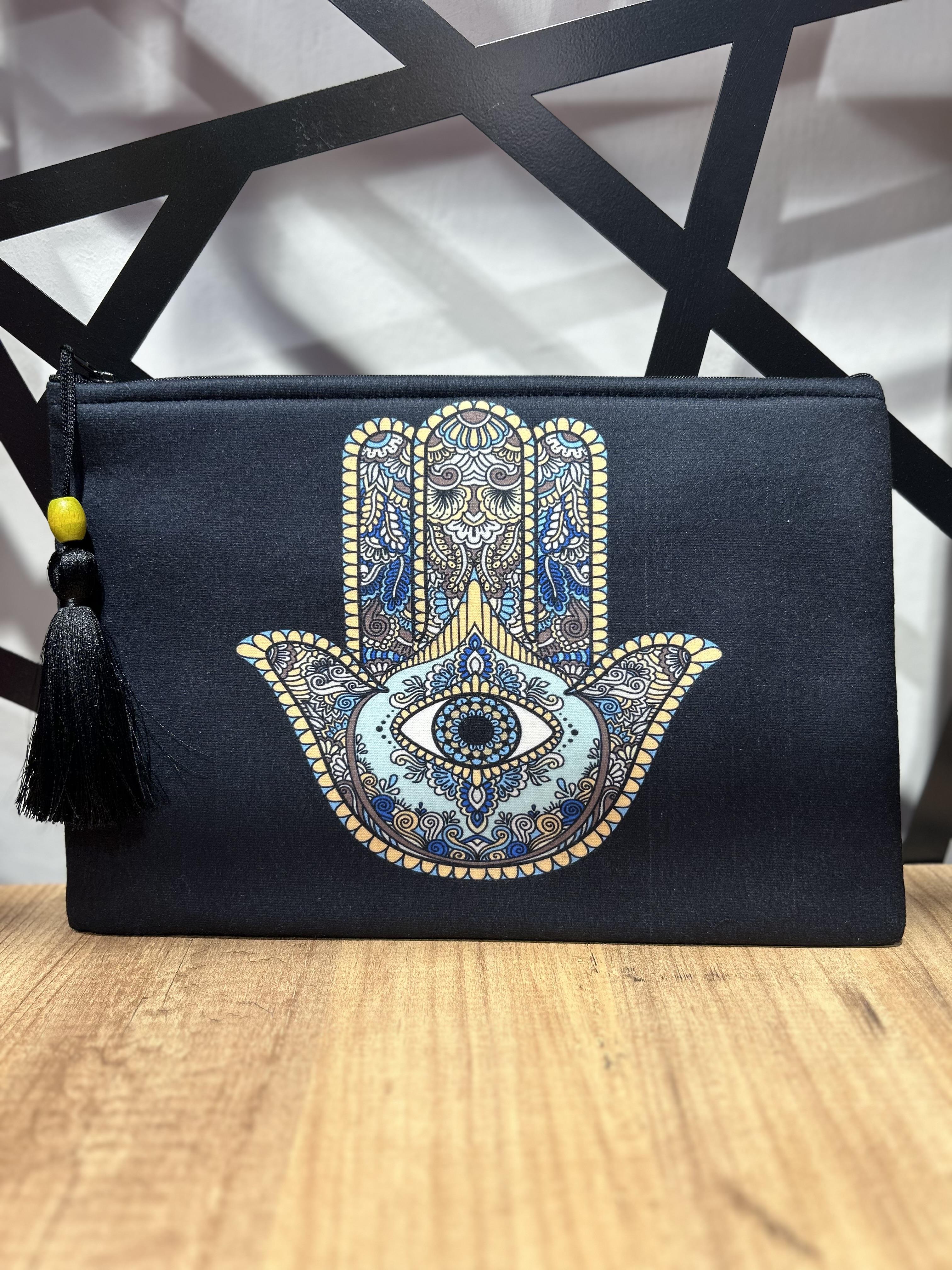 Etnik Göz Desenli Siyah Clutch Çanta