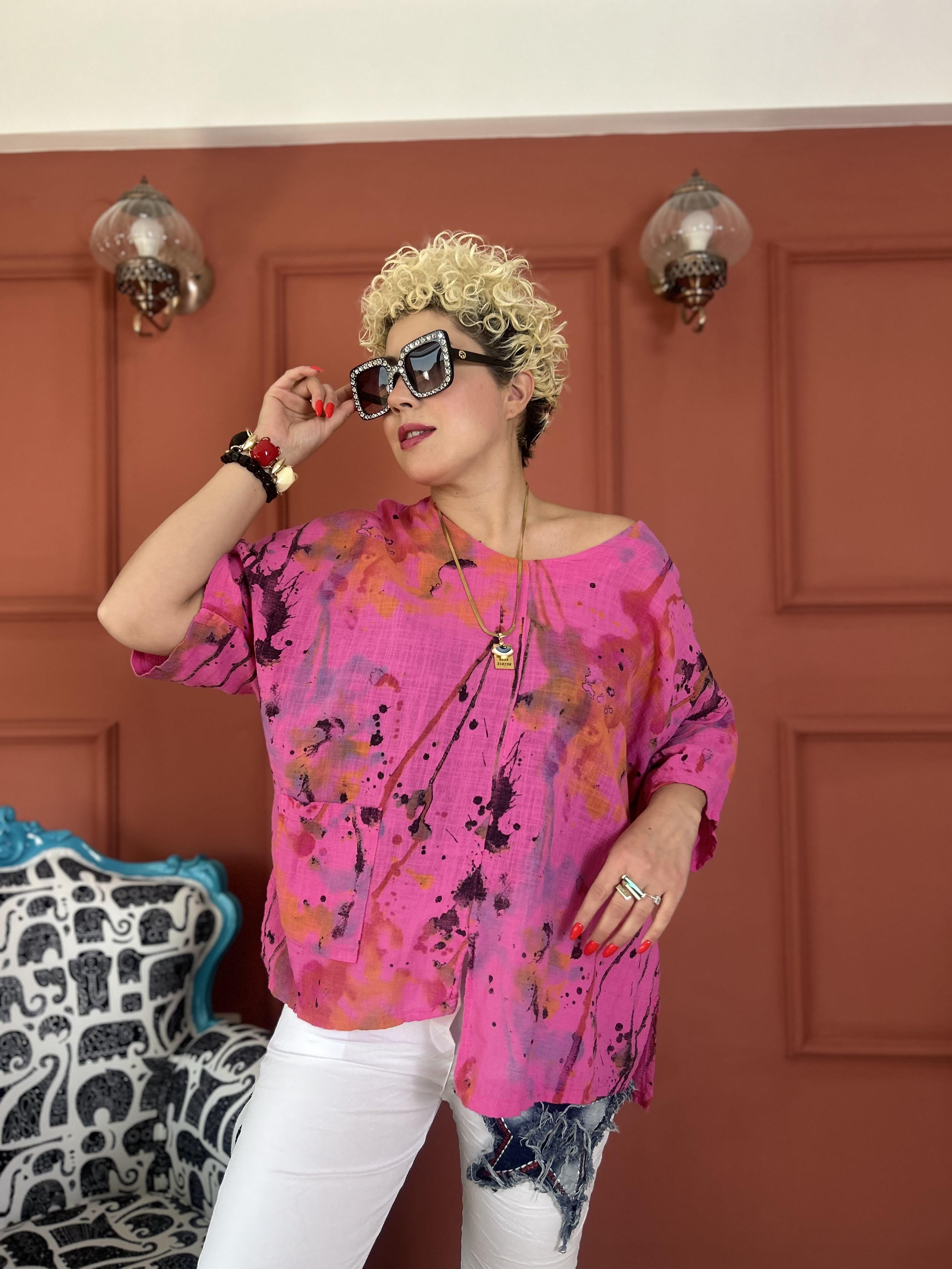 Fırça Desen Salaş İtalyan Pembe Keten Bluz