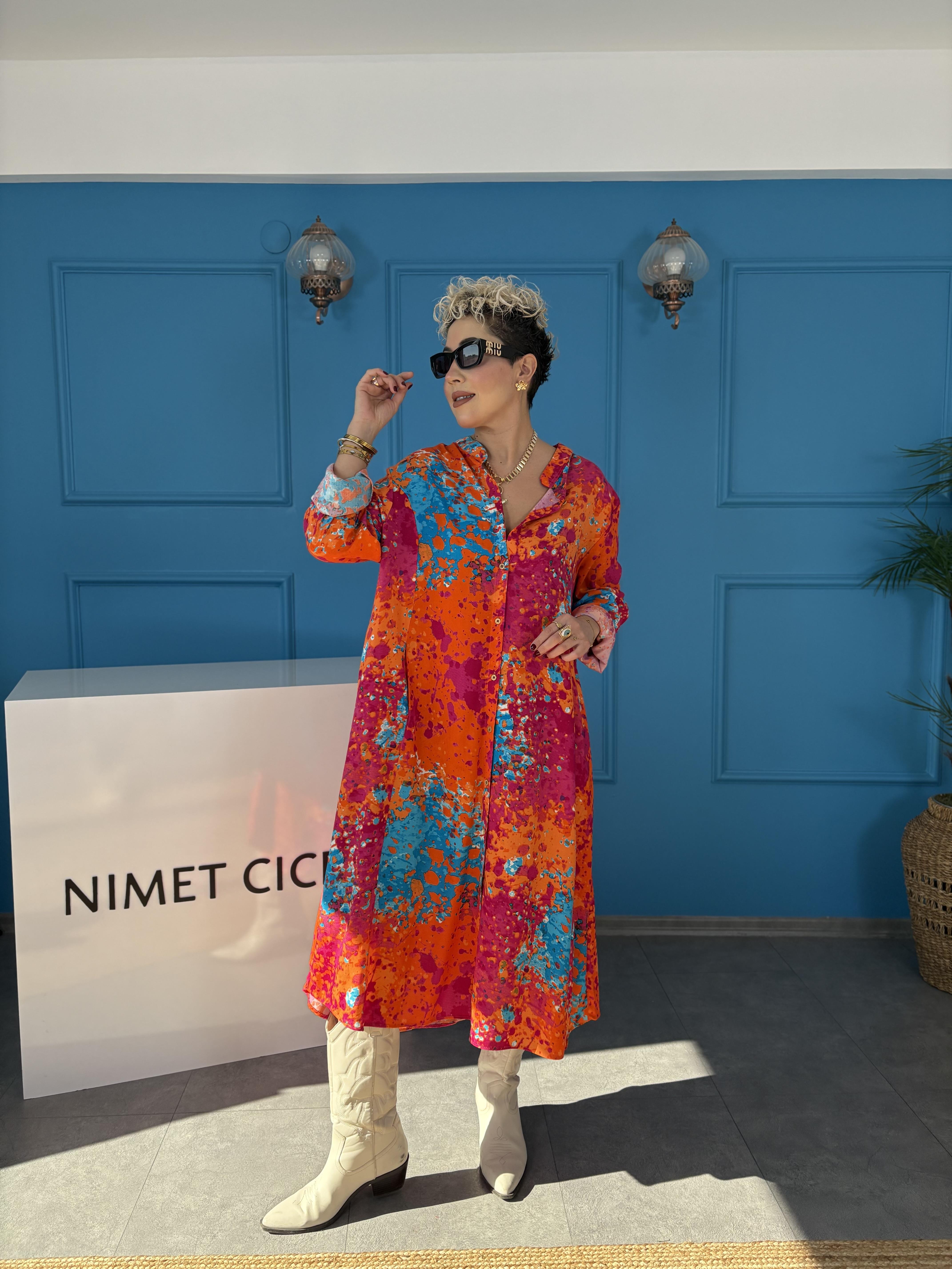 Fırça Desenli Uzun Gömlek Elbise 2