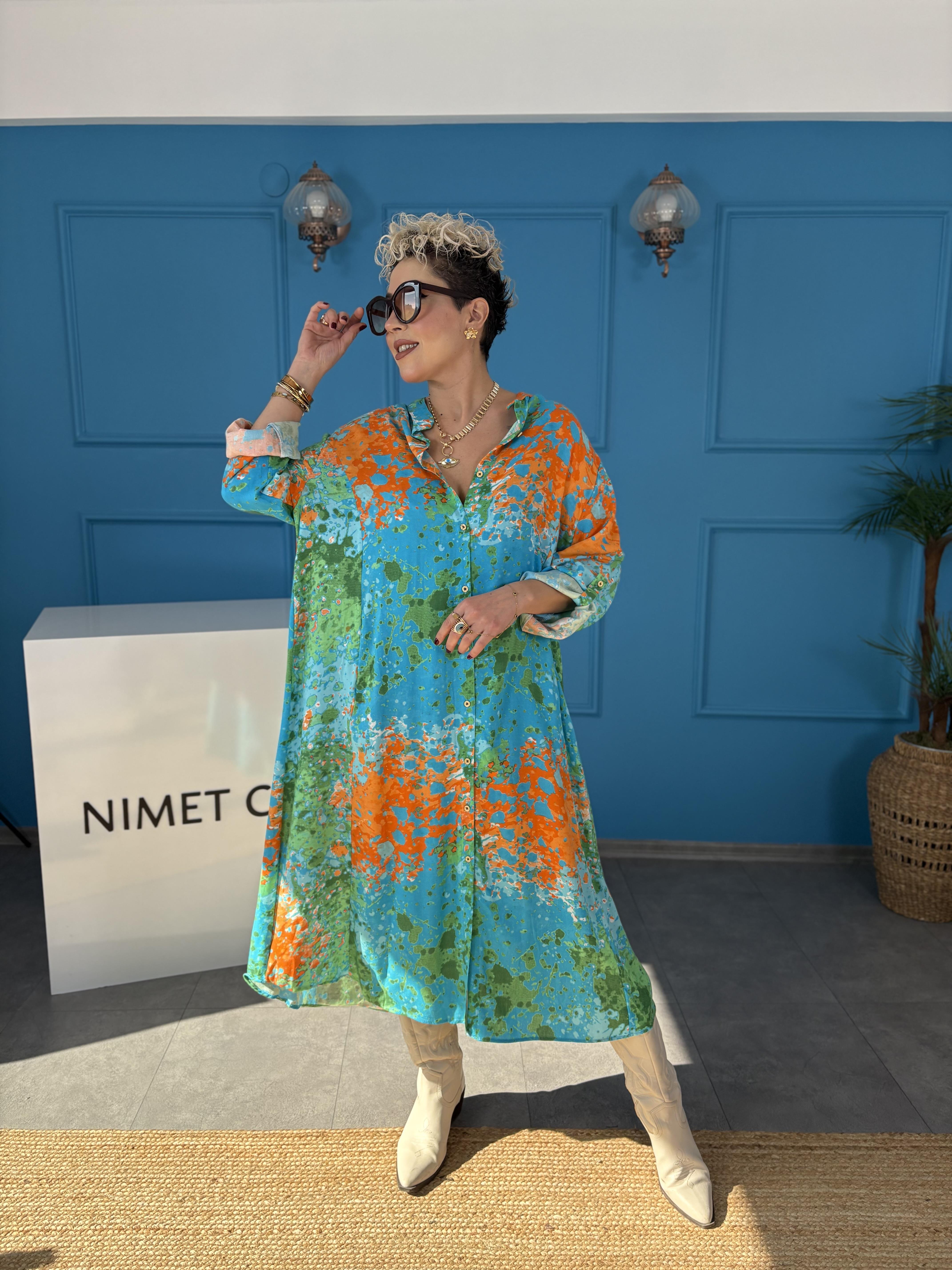 Fırça Desenli Uzun Gömlek Elbise 3