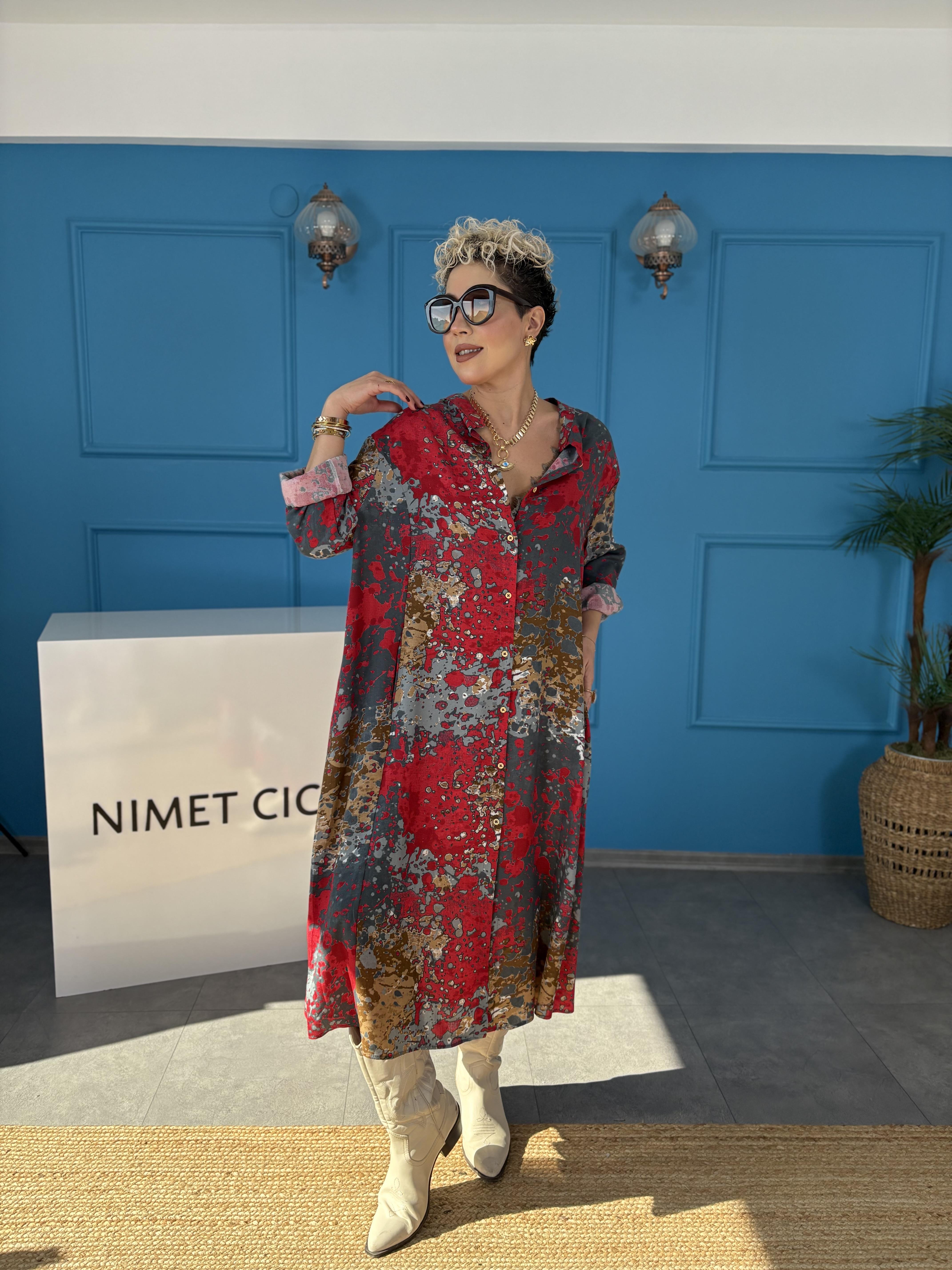 Fırça Desenli Uzun Gömlek Elbise 4