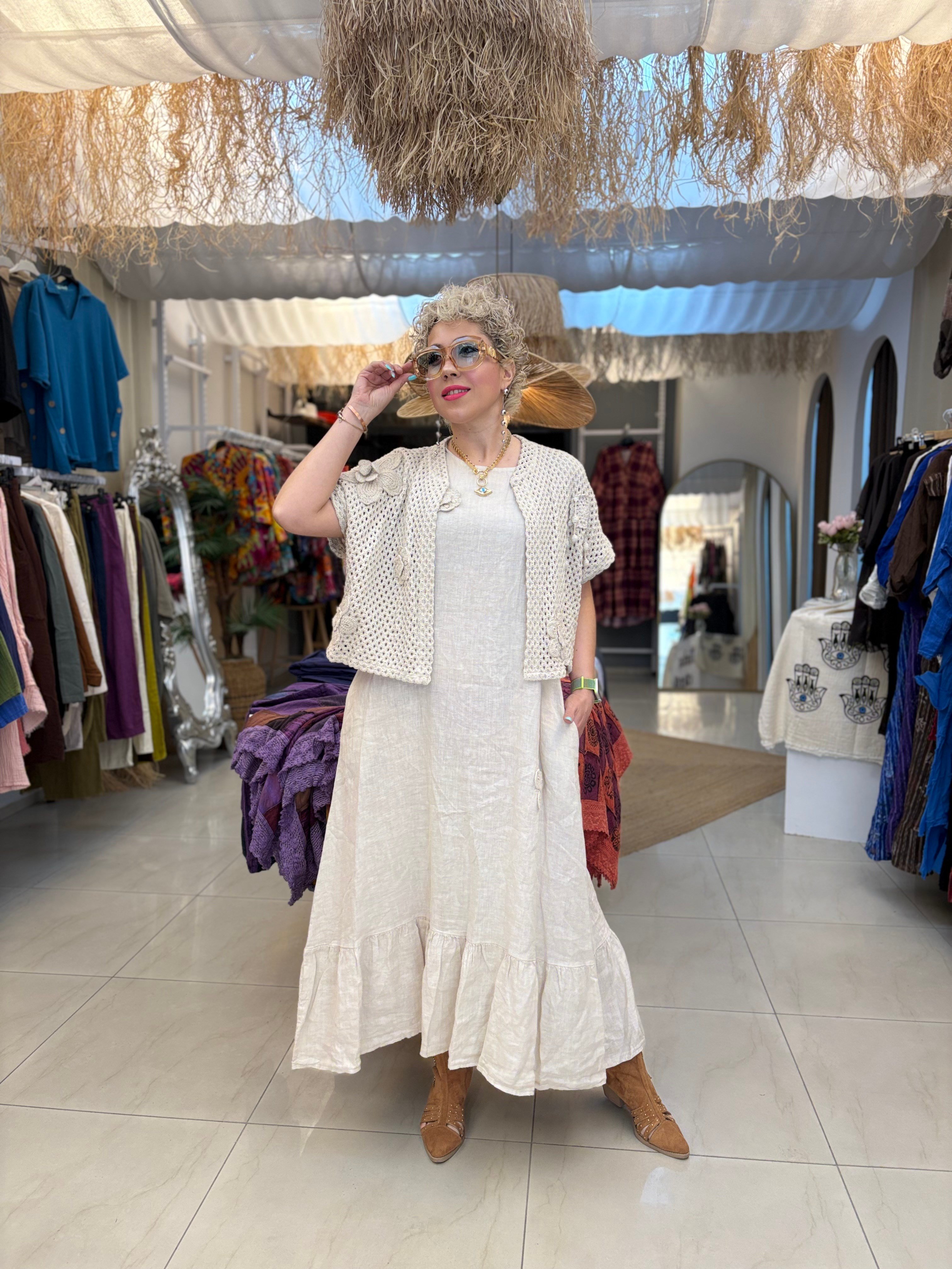 Fisto Ceketli Ham Keten İtalyan Krem Elbise