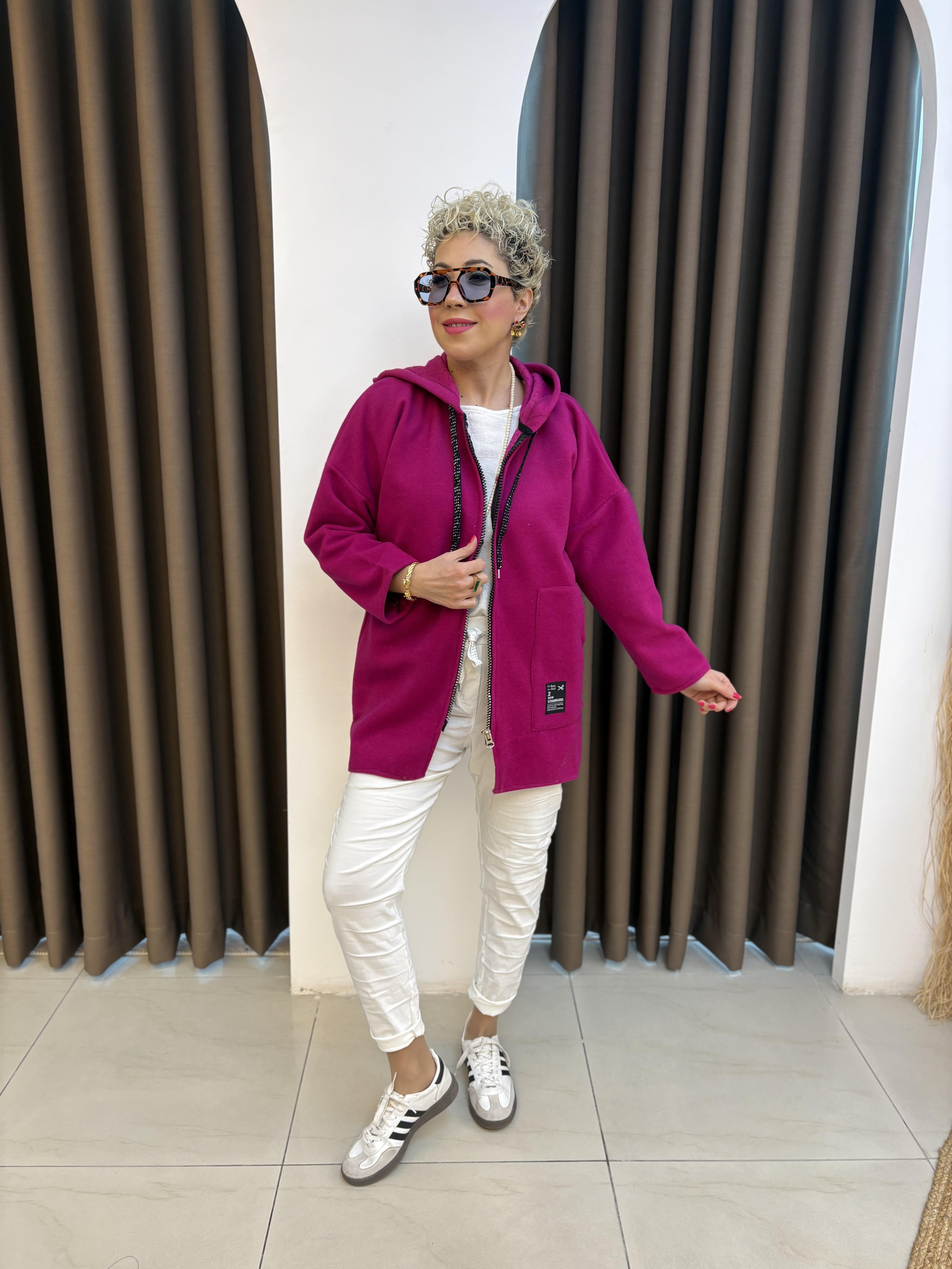 Fuşya Kapşonlu Keçe Ceket