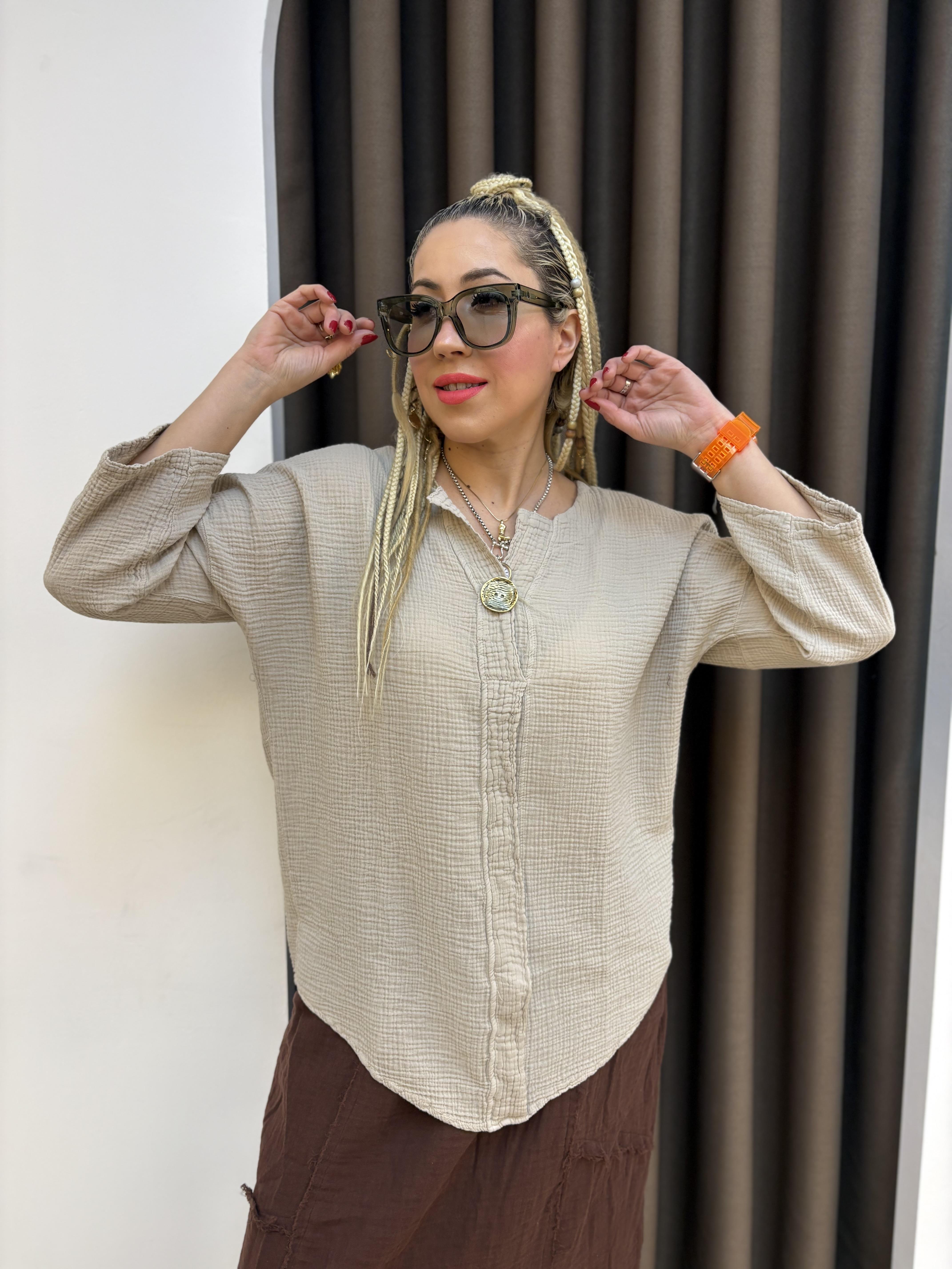 Gold Düğmeli Müslin Krem Bluz