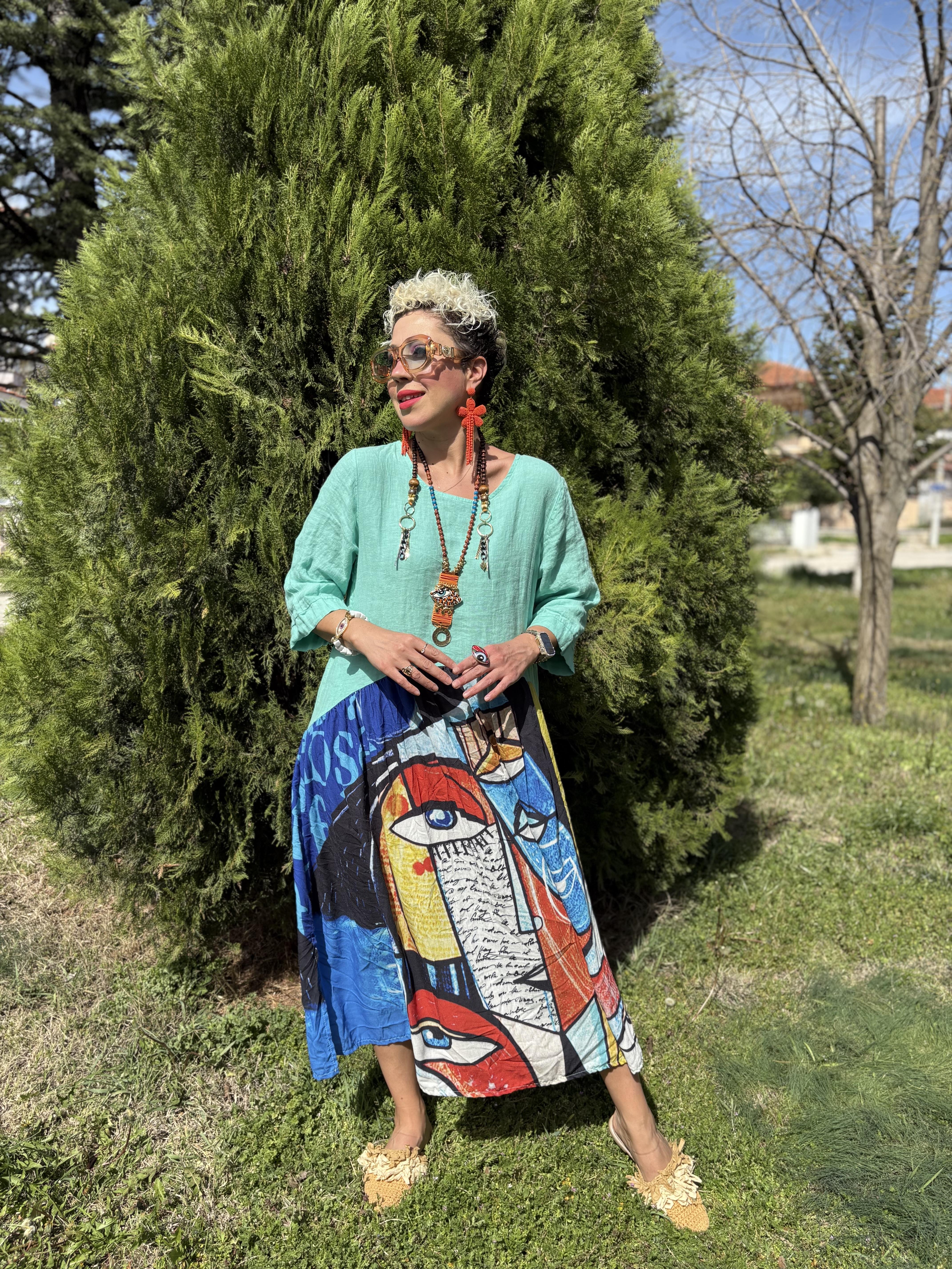 Göz Desenli Su Yeşili İtalyan Pamuk Keten Elbise