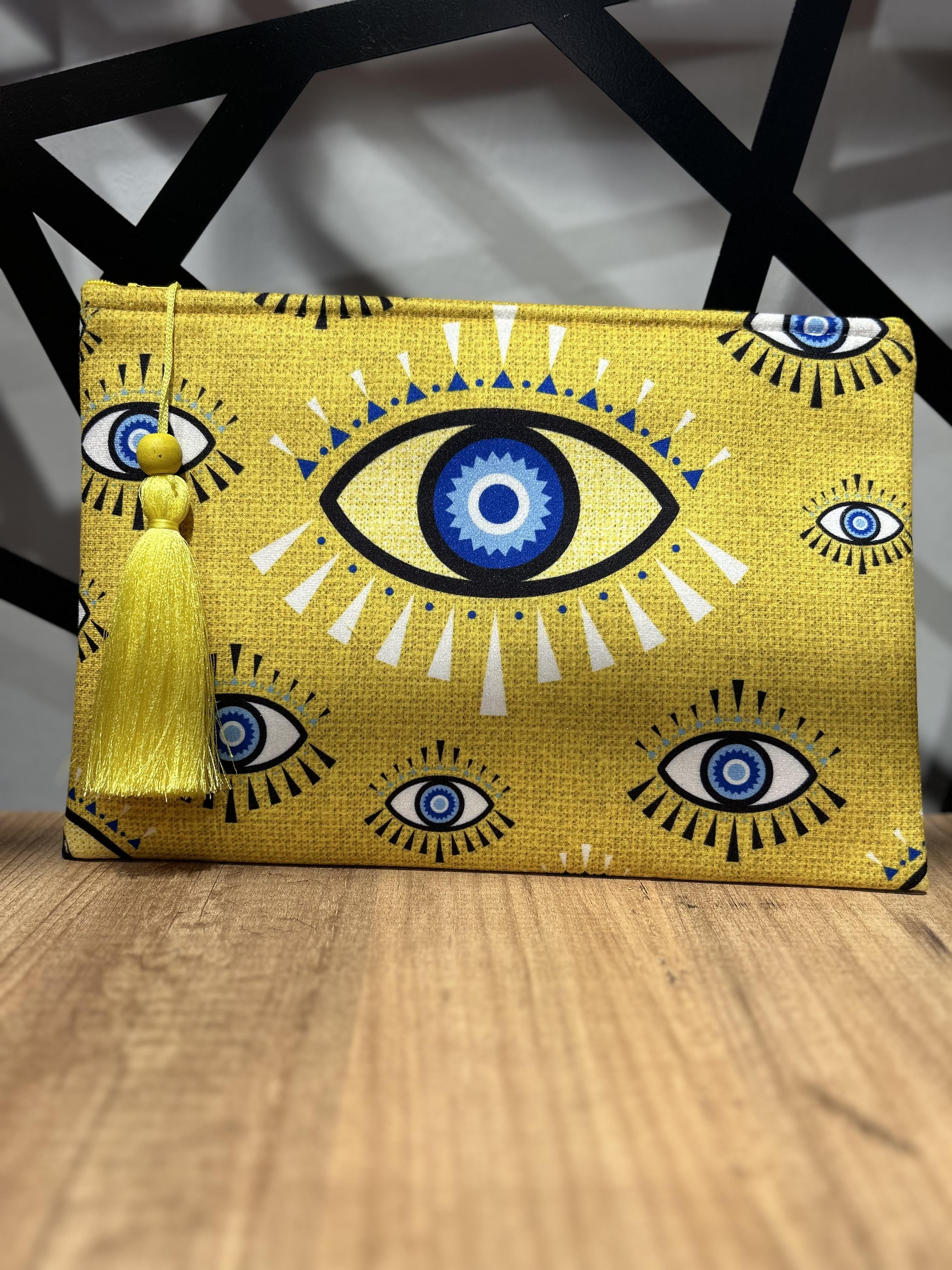 Göz Detaylı Sarı Clutch Çanta