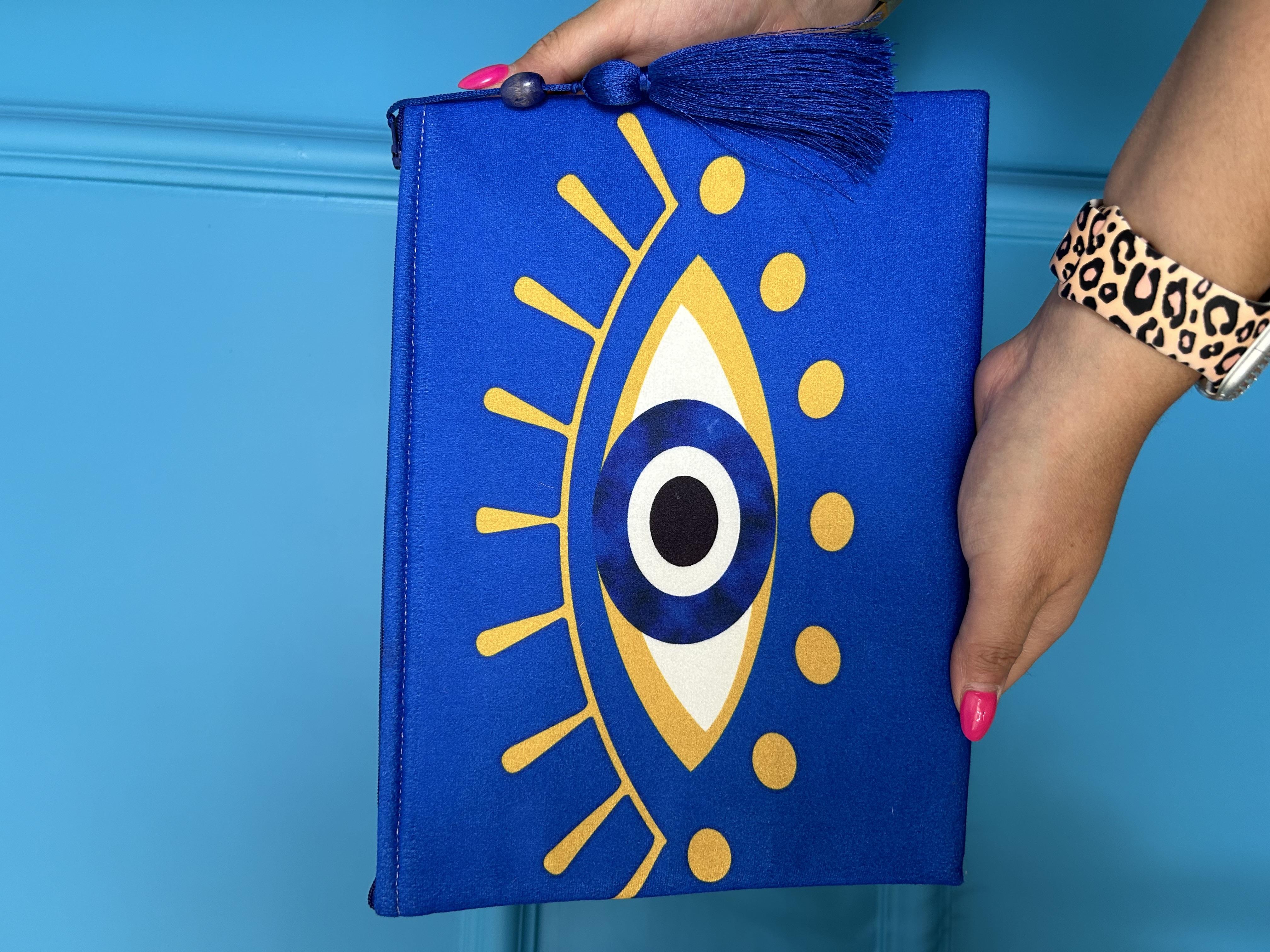 Göz Detaylı Sax Mavi Clutch Çanta