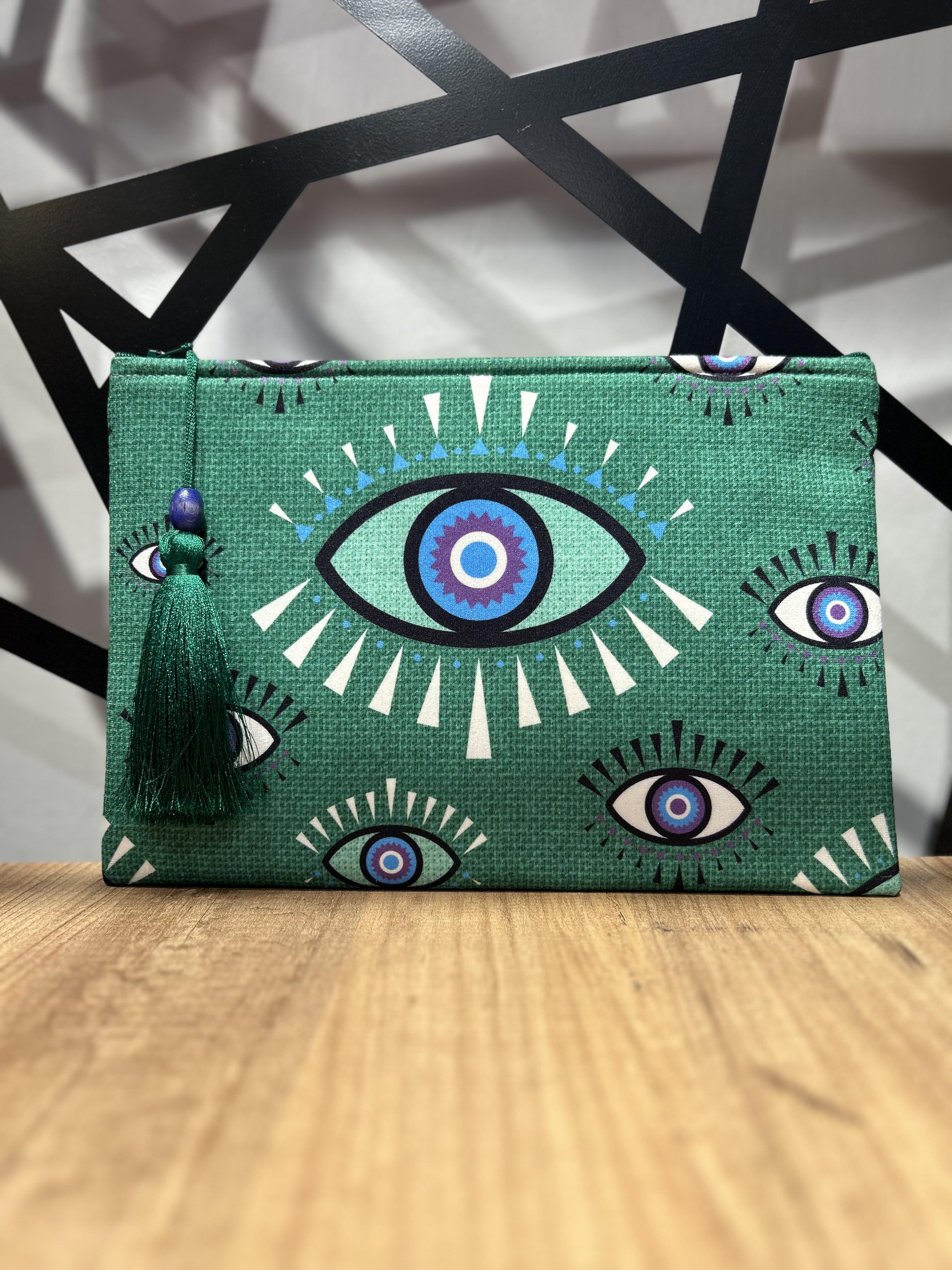 Göz Detaylı Yeşil Clutch Çanta