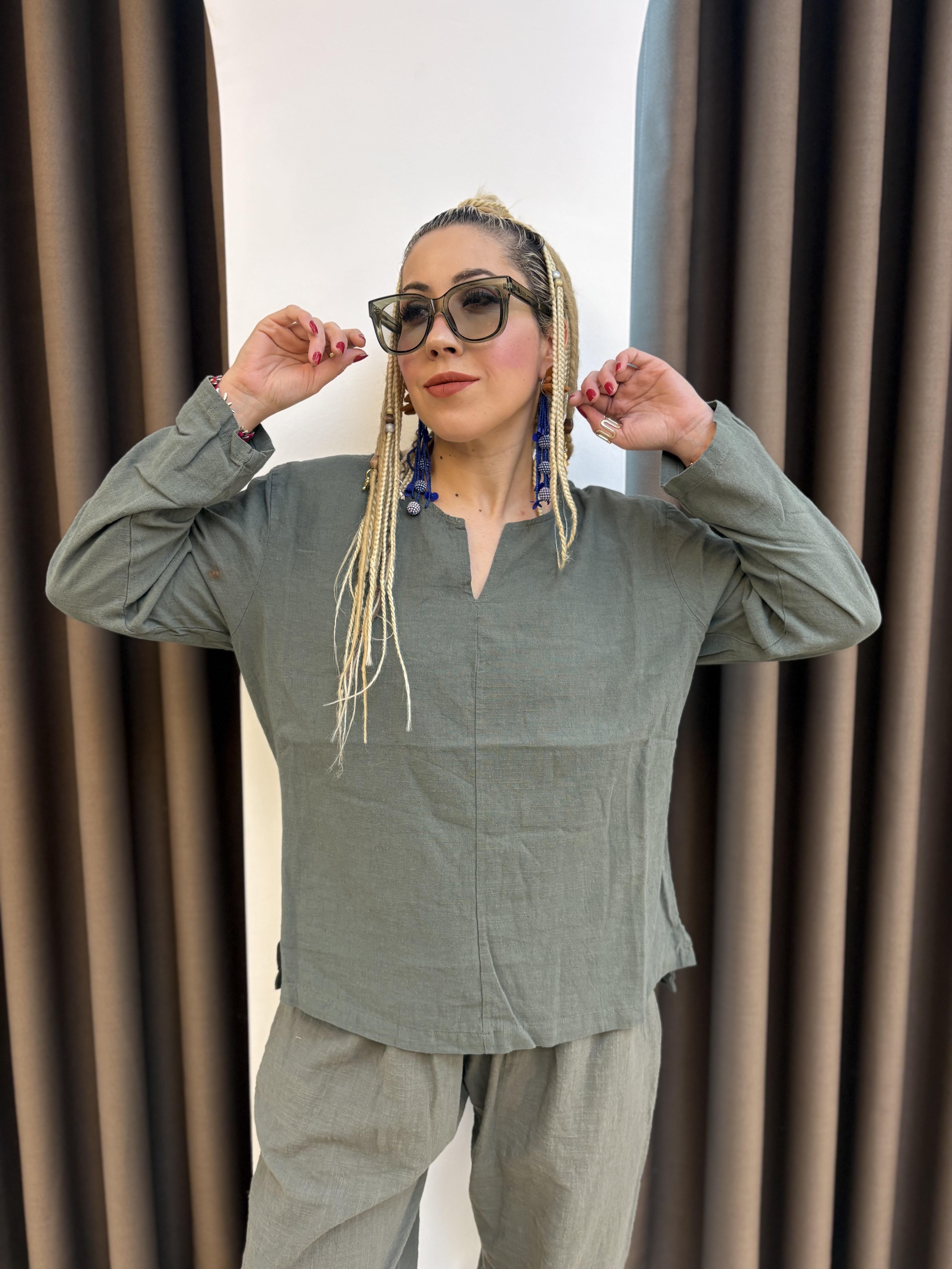 Haki Keten Salaş Bluz