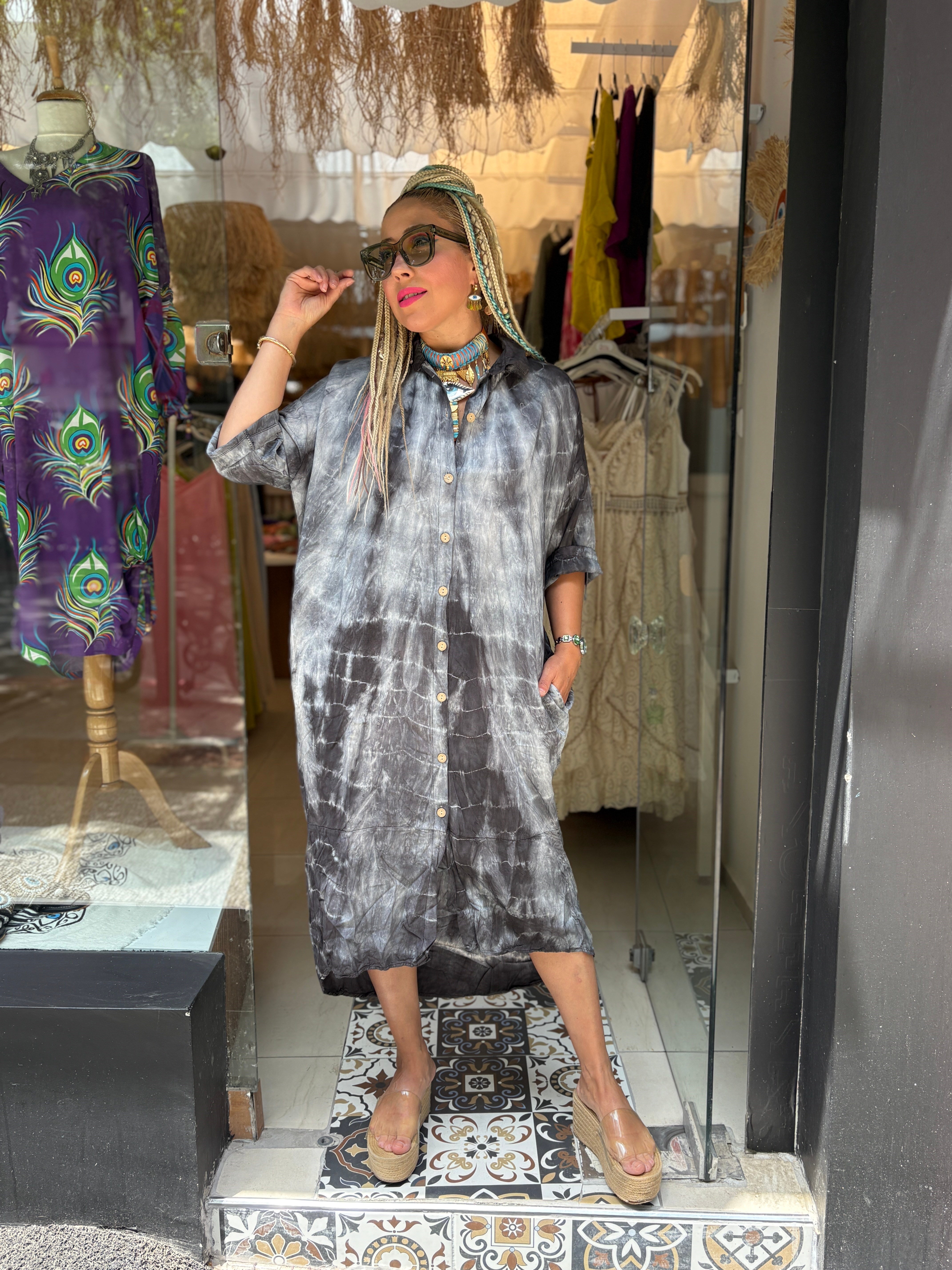 Halka Detaylı Antrasit Batik Elbise