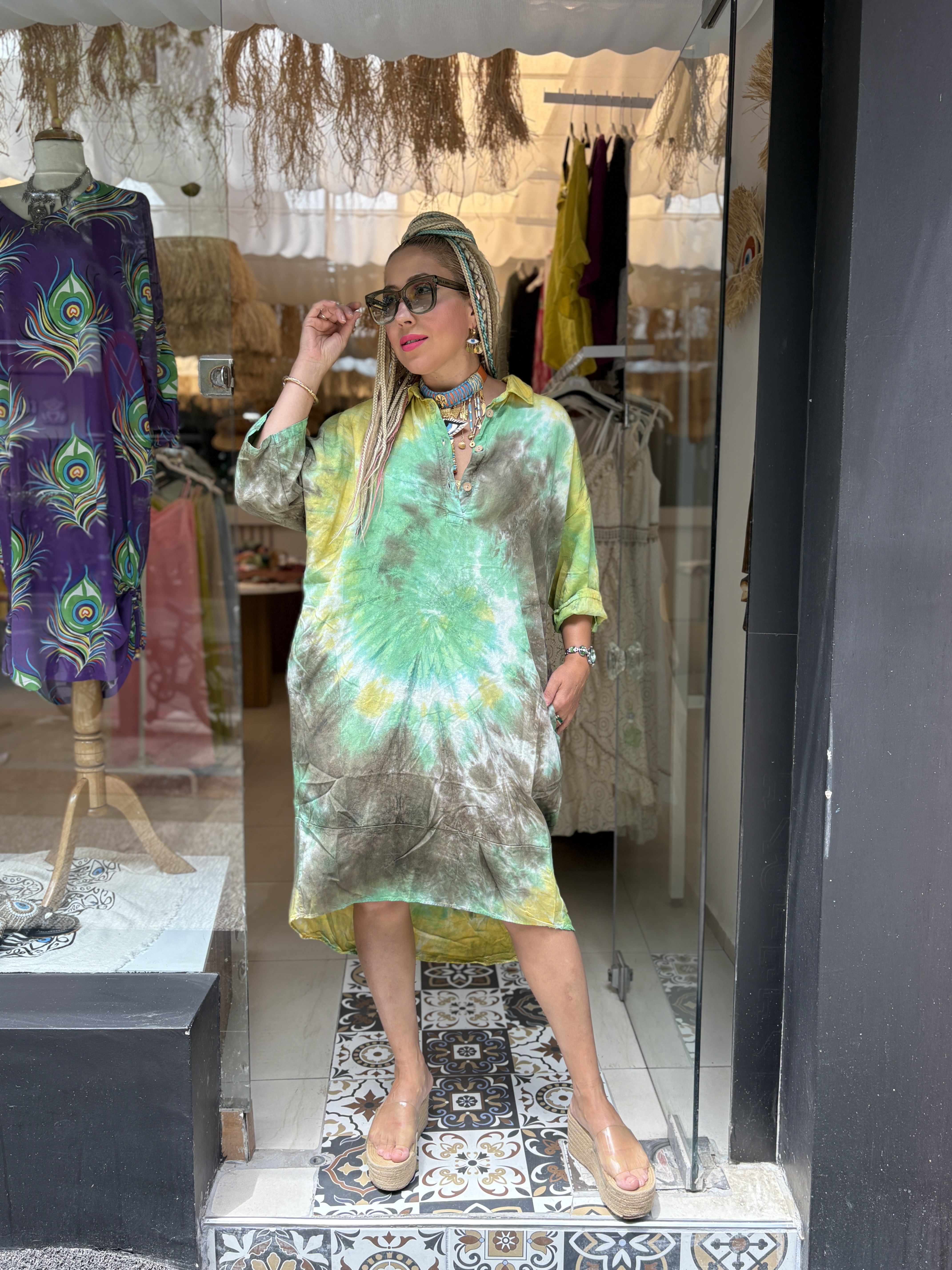 Halka Detaylı Yeşil Batik Elbise