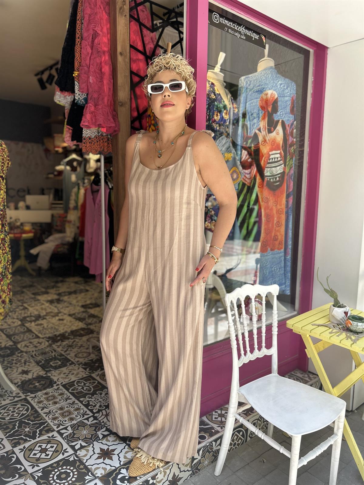 Ham Keten Çizgili Taş Rengi Tulum