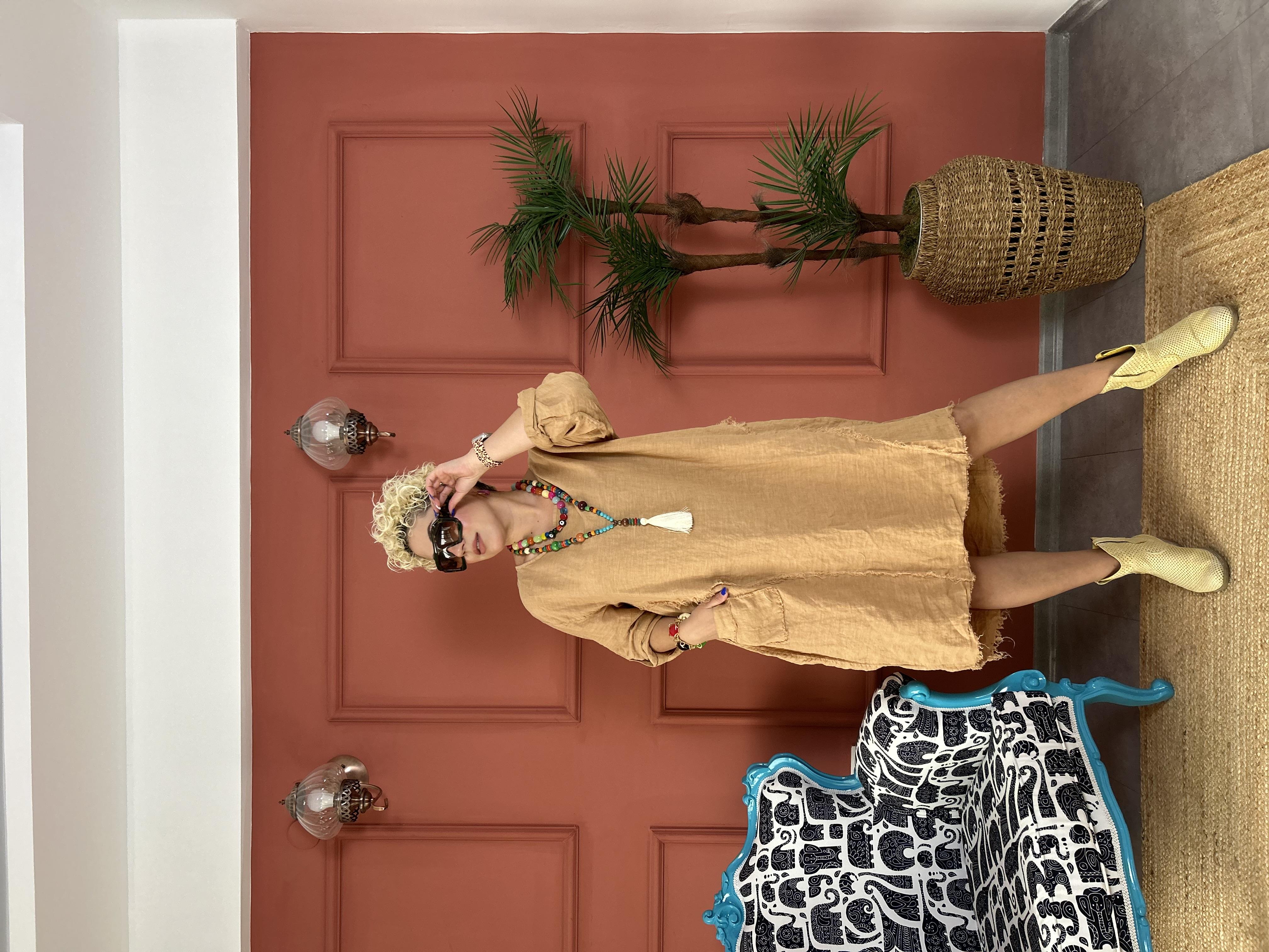 Ham Keten İtalyan Camel Salaş Elbise