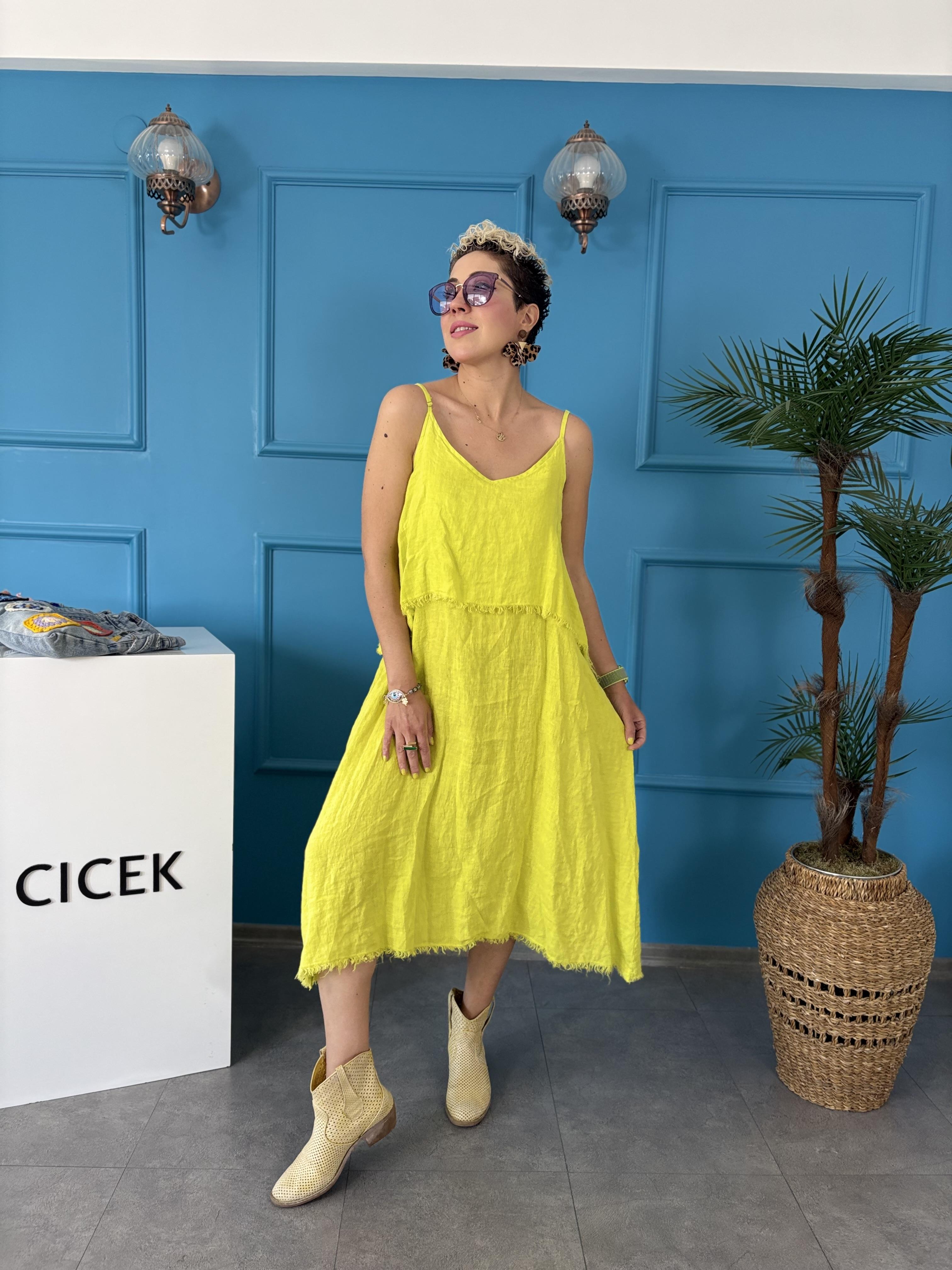 Ham Keten İtalyan Neon Yeşil Elbise