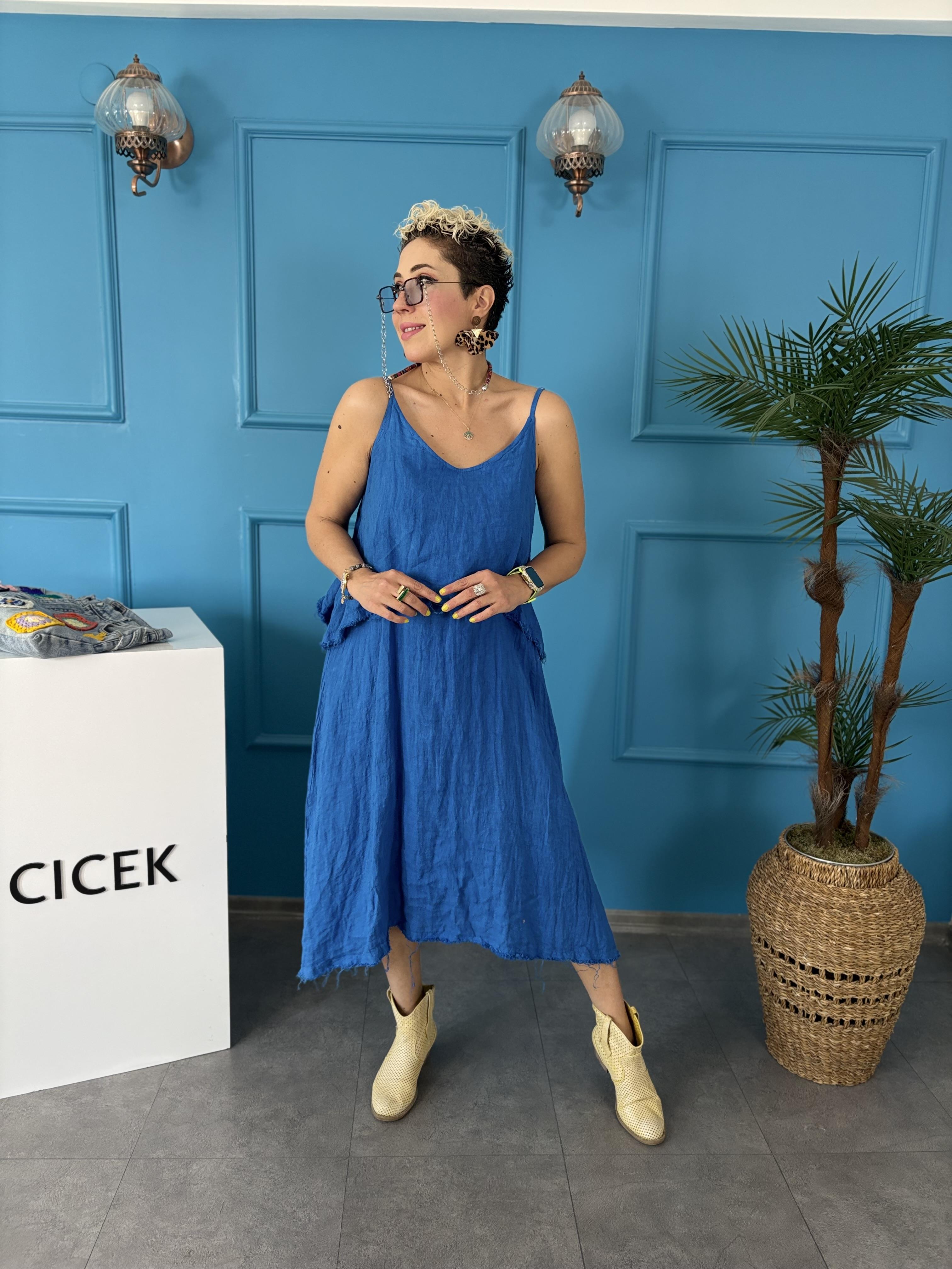 Ham Keten İtalyan Sax Mavi Elbise