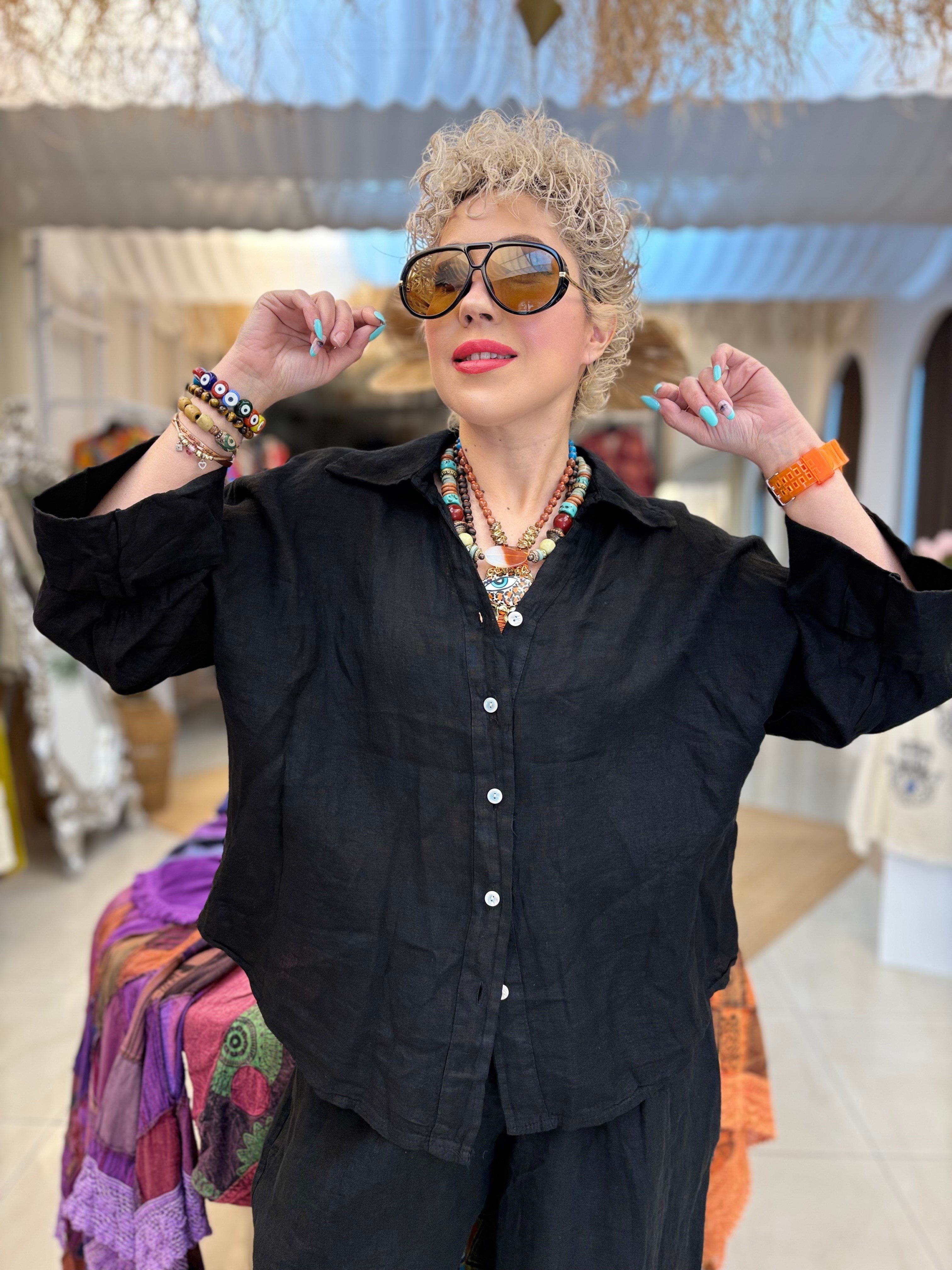 Ham Keten İtalyan Siyah Gömlek