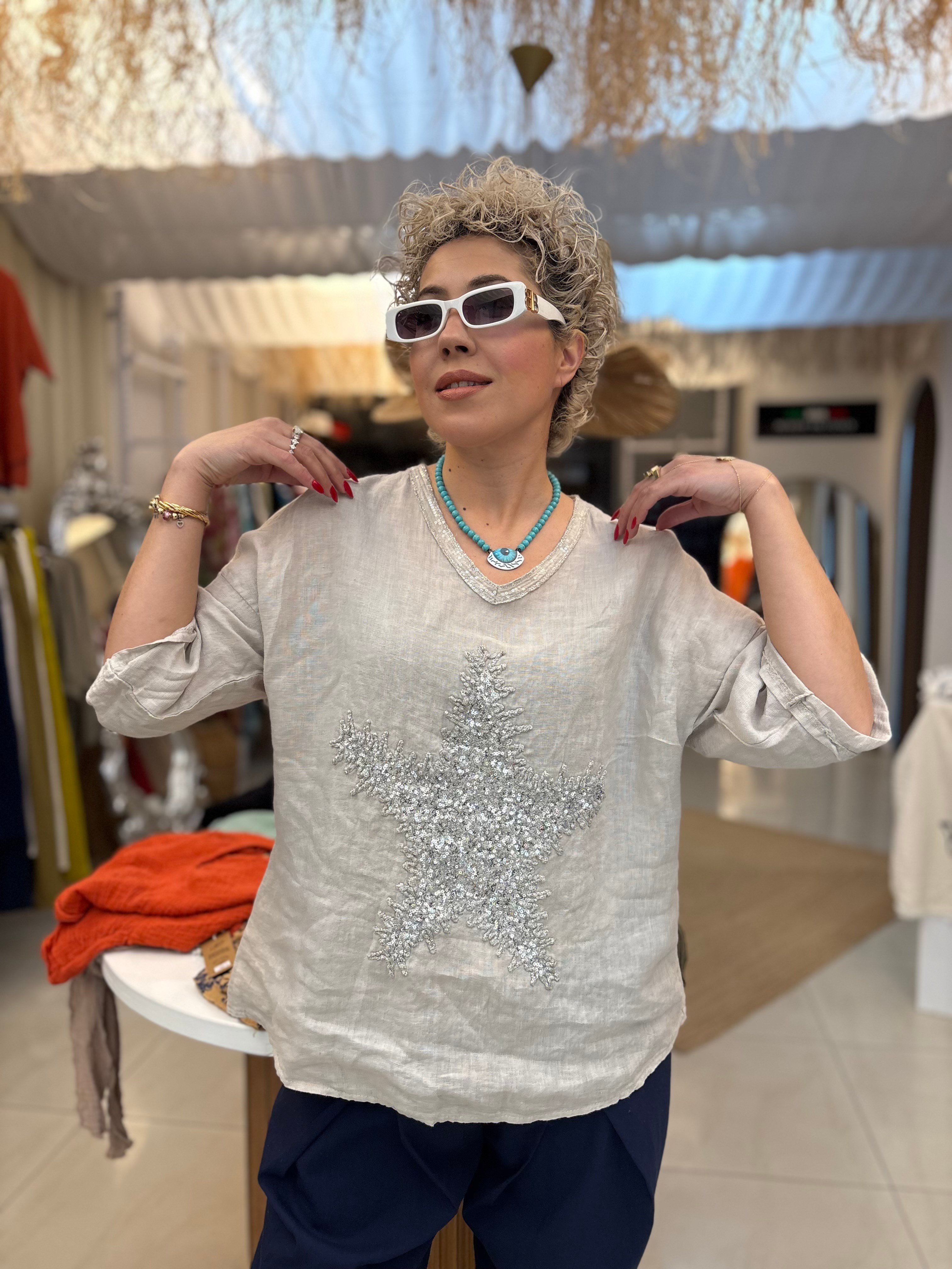 Ham Keten Payet Detaylı Krem İtalyan Bluz