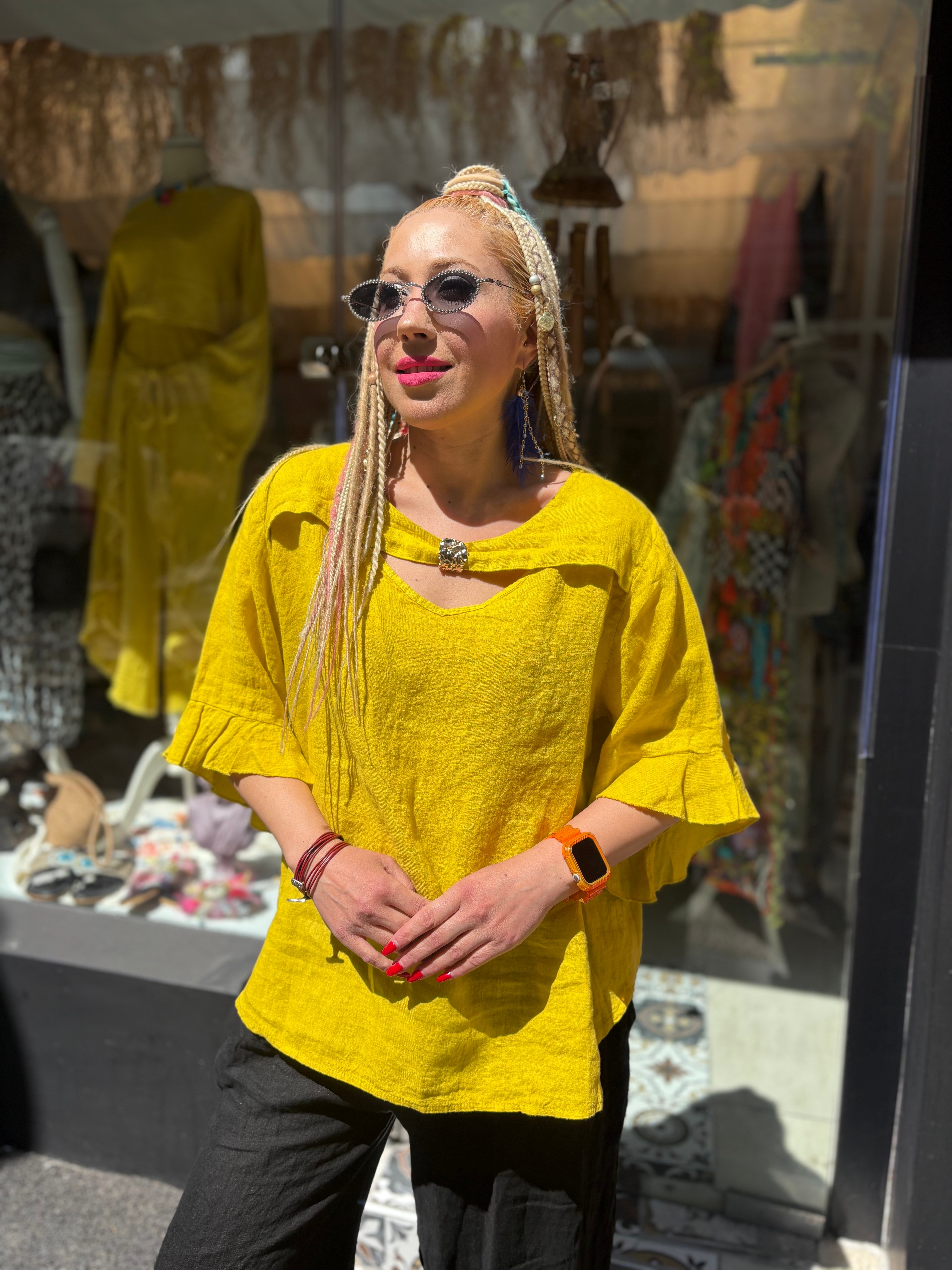 Ham Keten Toka Detaylı İtalyan Sarı Bluz