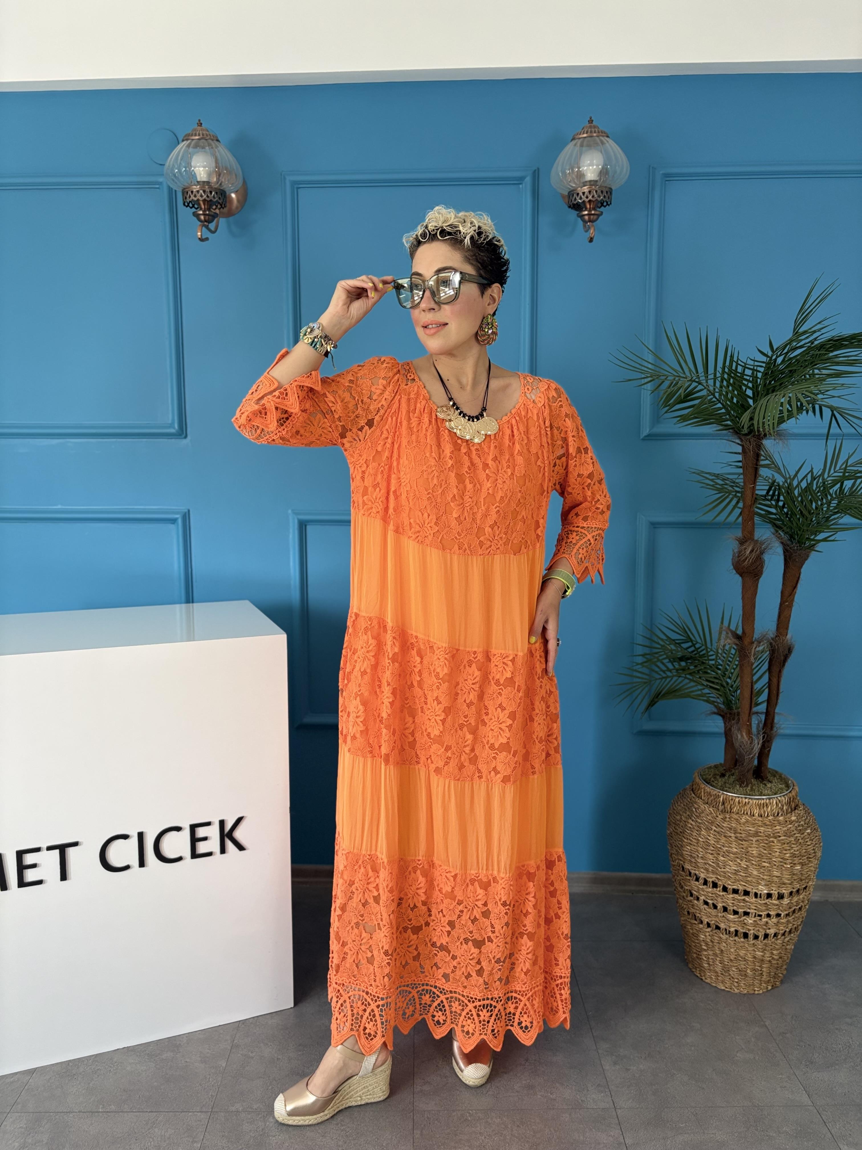 İpek Dantel İşlemeli Turuncu İtalyan Uzun Elbise