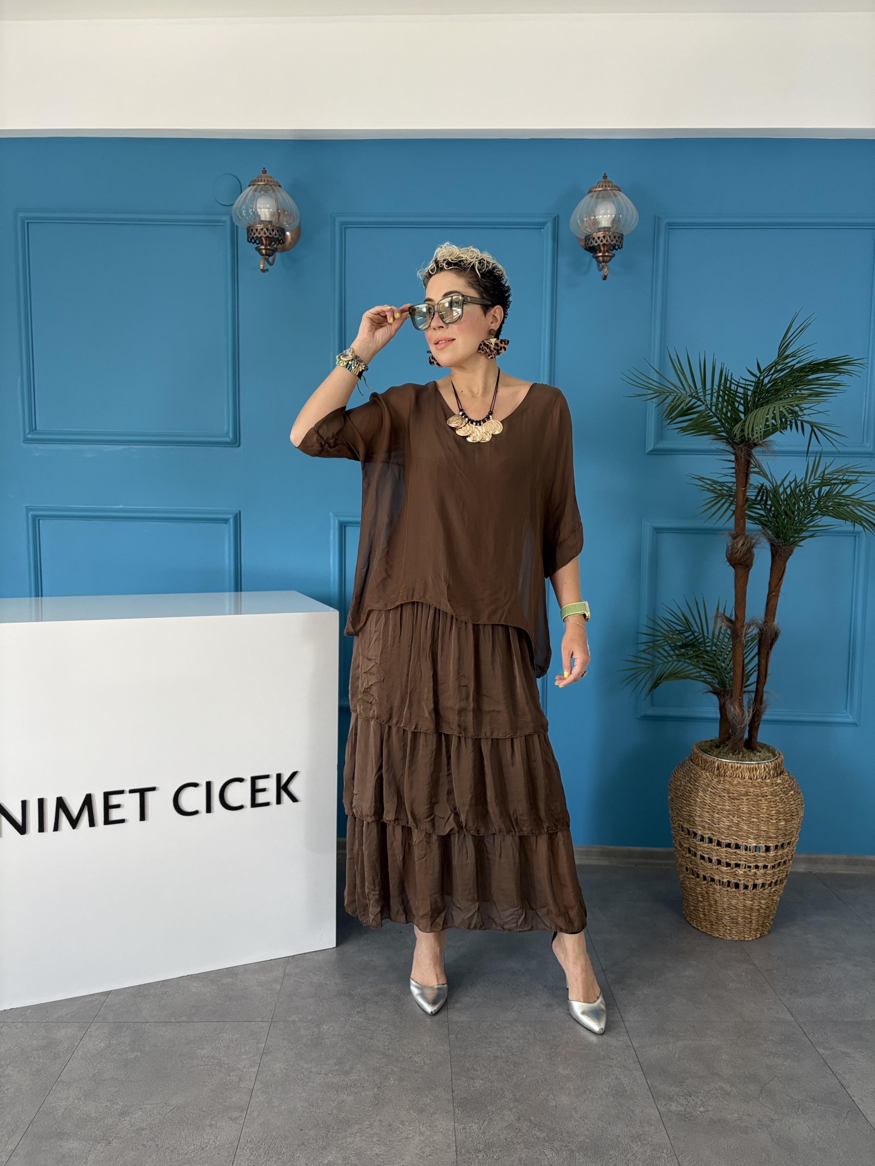 İpek Kat Kat Acı Kahve İtalyan Elbise