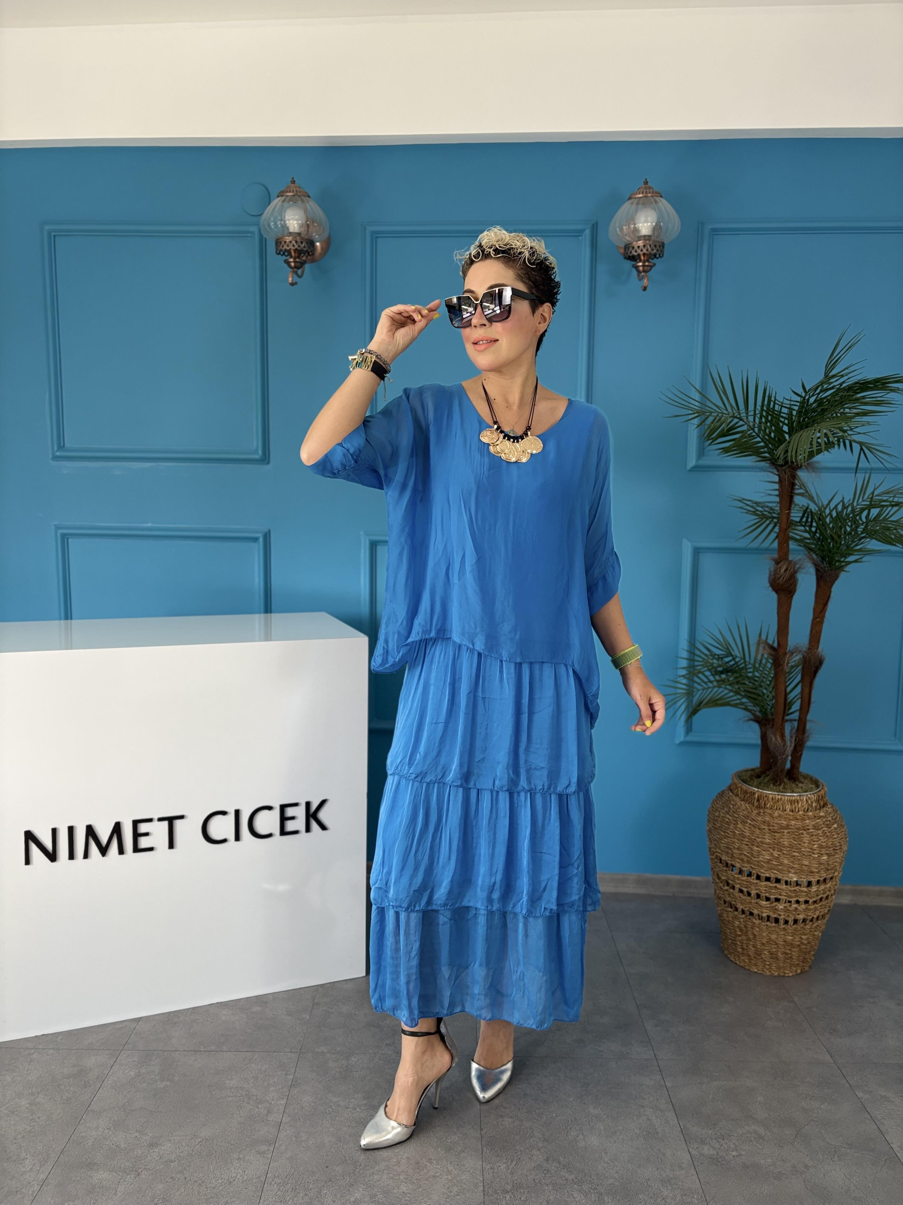 İpek Kat Kat Sax Mavi İtalyan Elbise