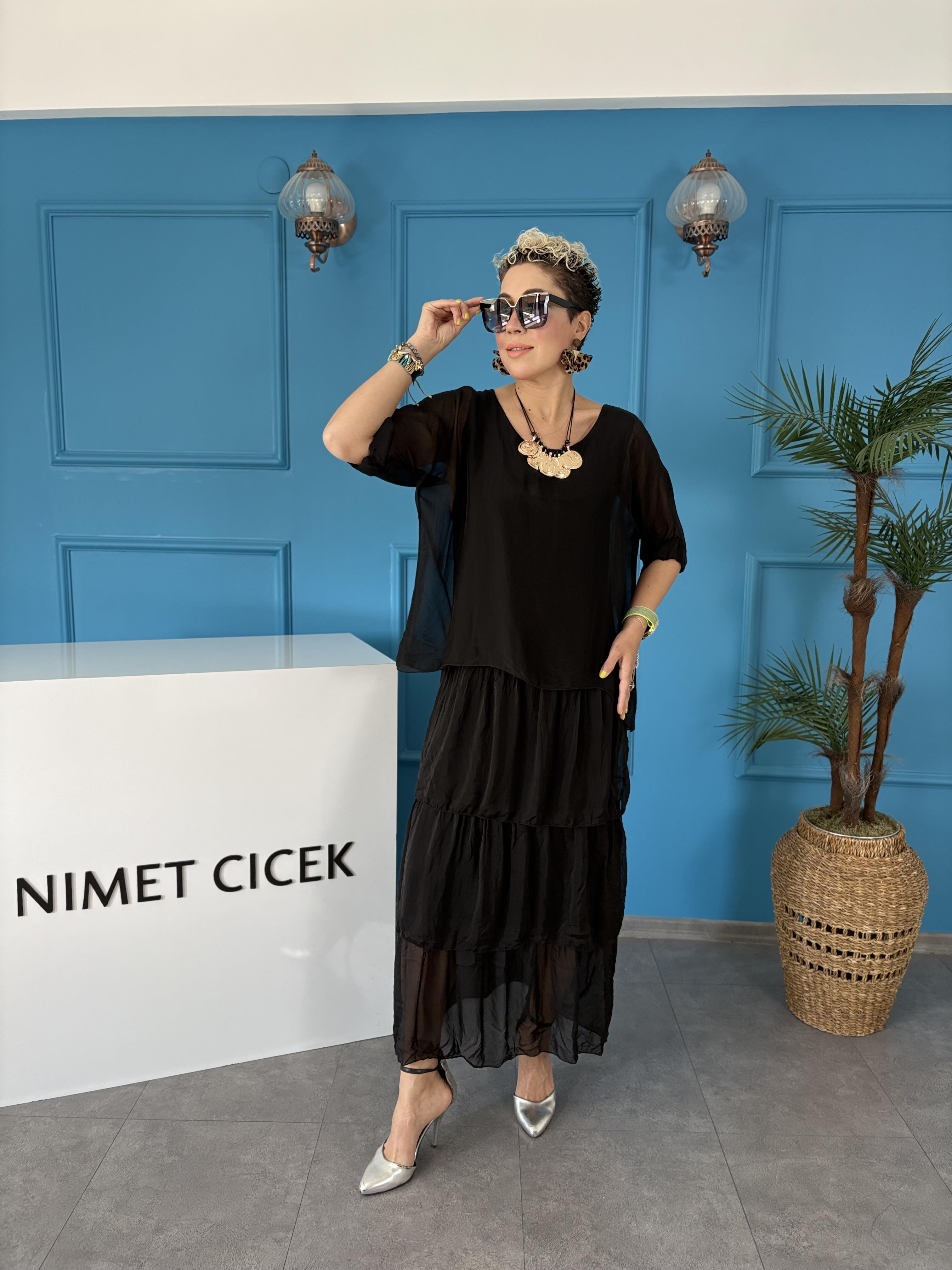 İpek Kat Kat Siyah İtalyan Elbise