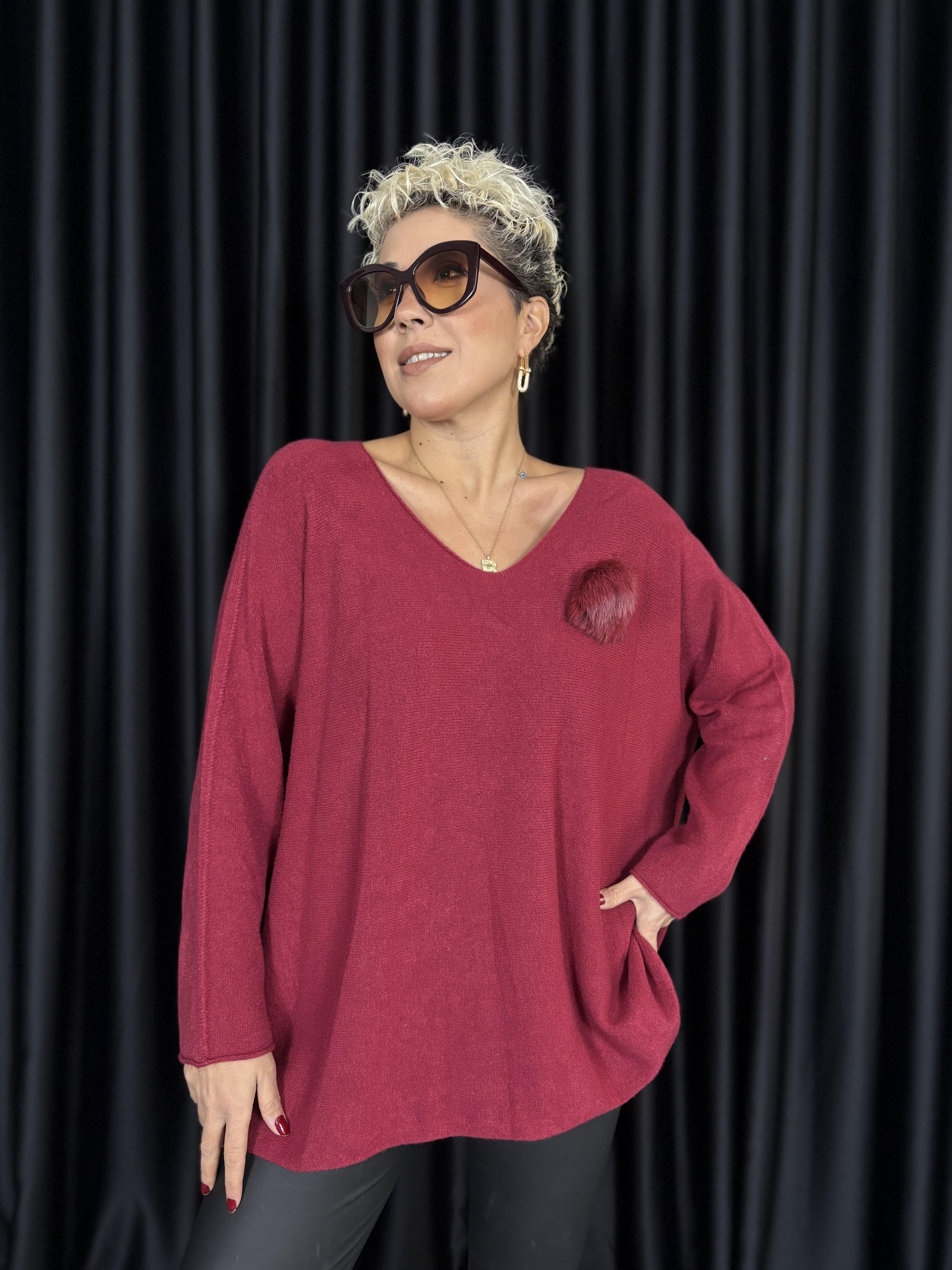 İtalyan Angora Broşlu Bordo Triko