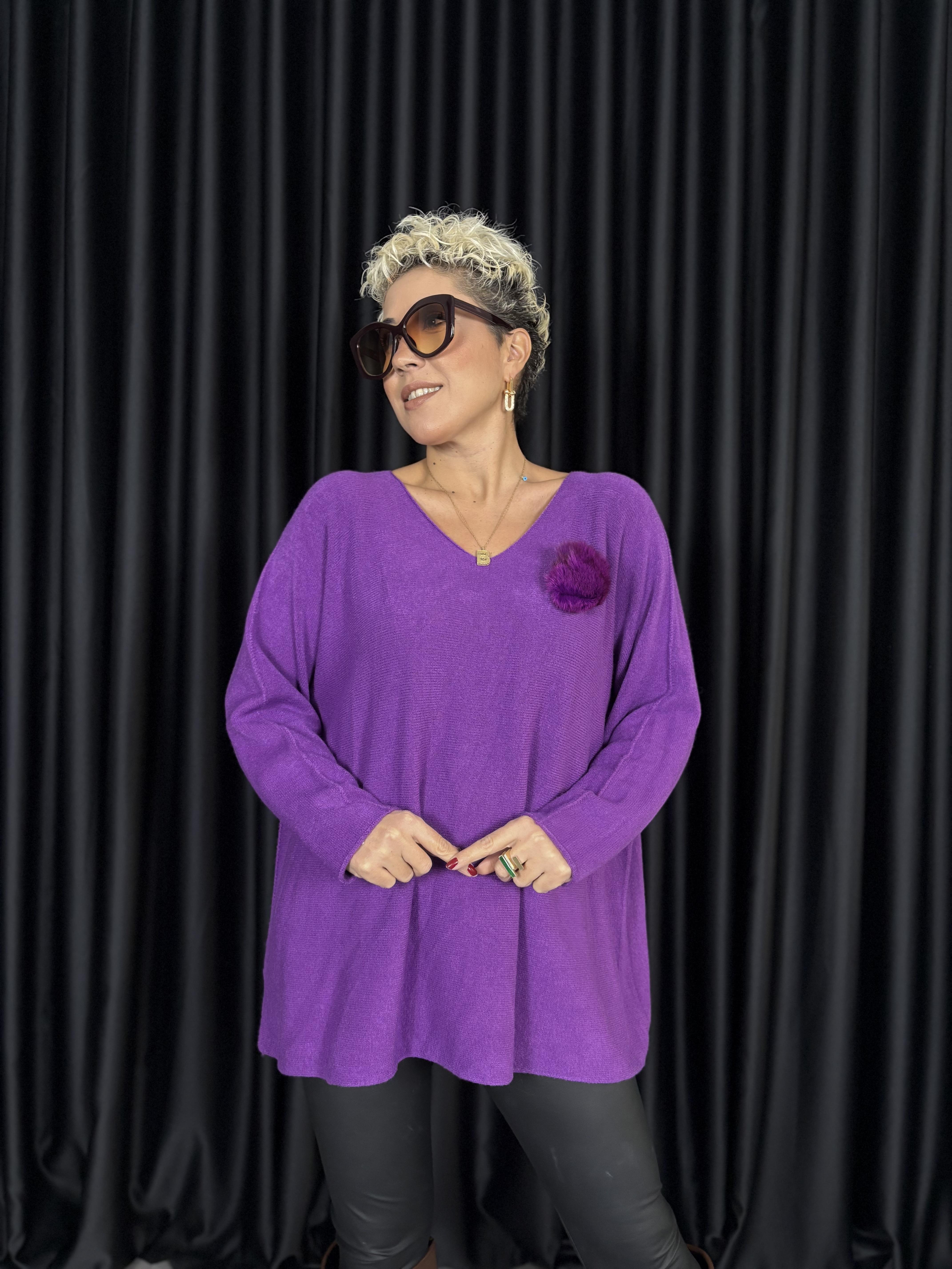 İtalyan Angora Broşlu Mor Triko