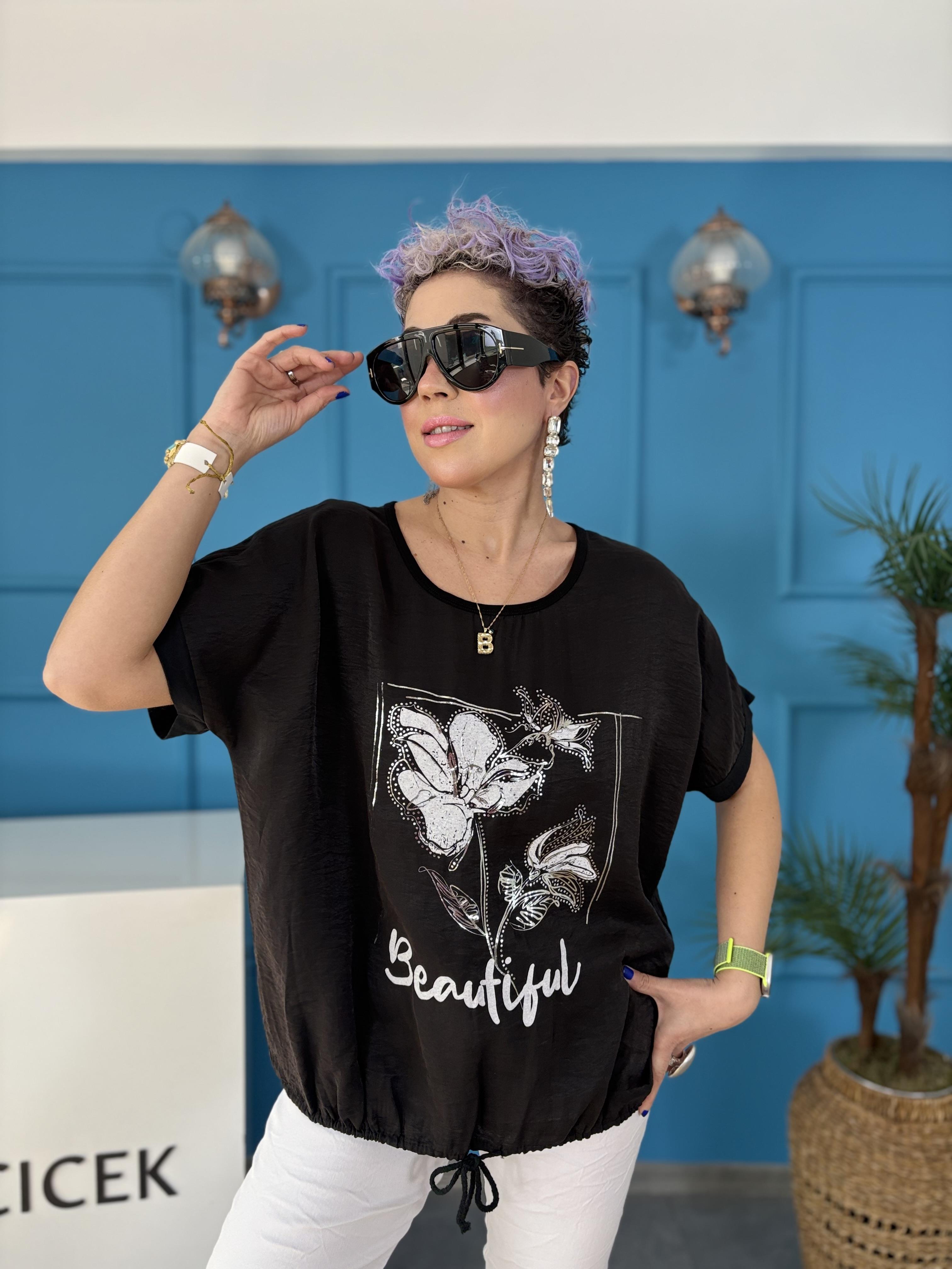 İtalyan Arkası Dantel Detaylı Siyah Bluz